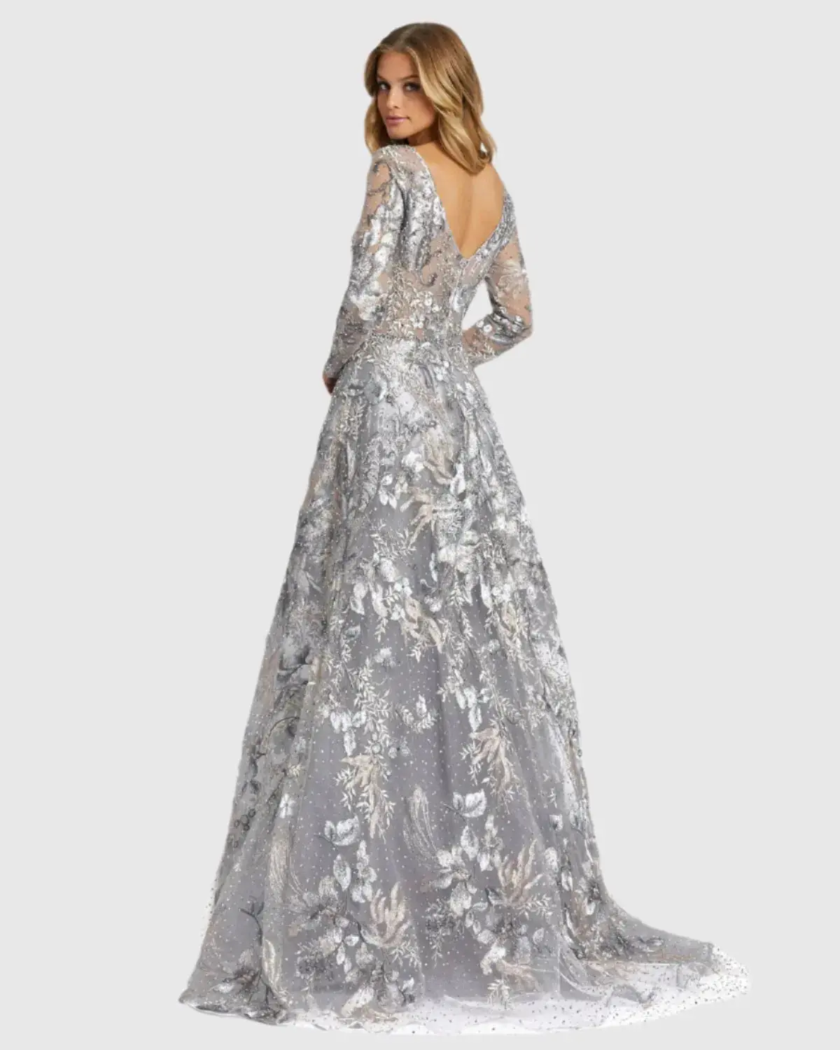 Gray Long Sleeve Beaded Applique Gown - Image 3