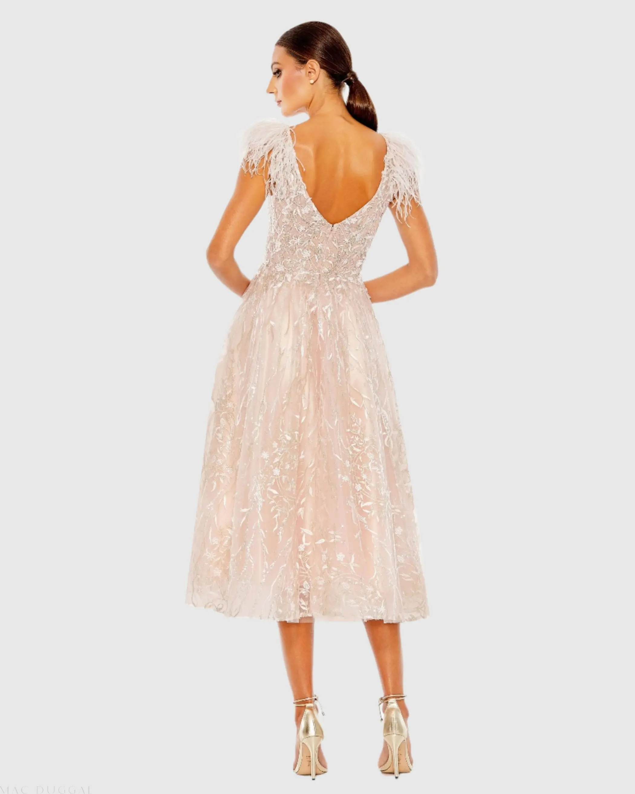 Pink Embroidered Sleeveless Feather Detail Midi Dress - Image 3