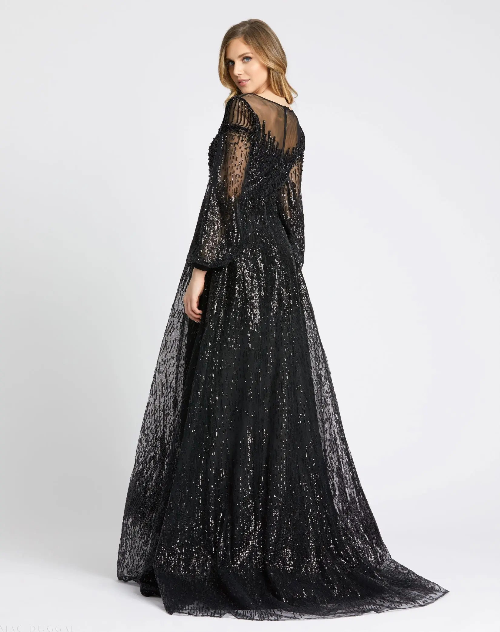 Black Jewel Encrusted Illusion Long Sleeve A Line Gown - Image 3