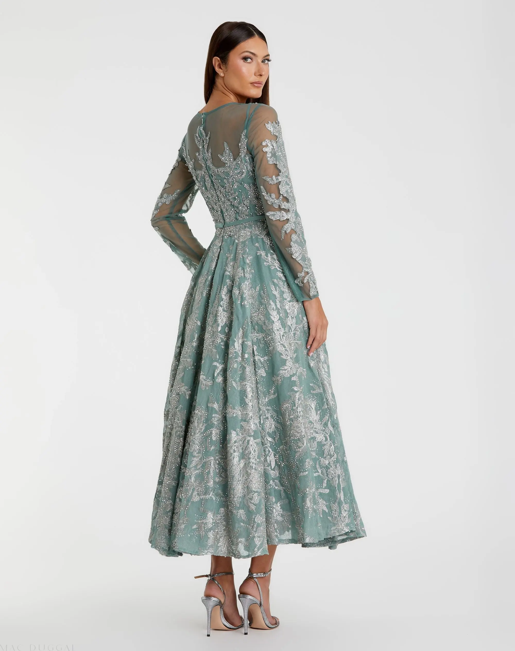 Green Embellished Bow Belt Illusion Long Sleeve A Line Dress - Image 3