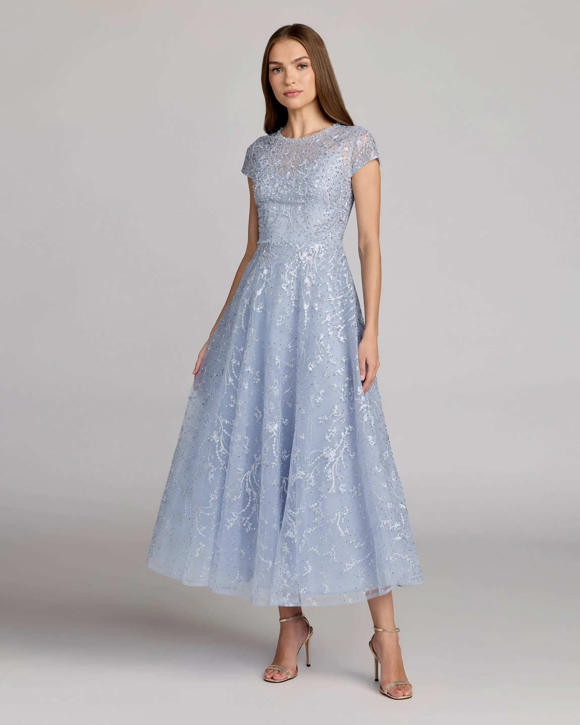 Blue Embellished High Neck Cap Sleeve A Line Dress