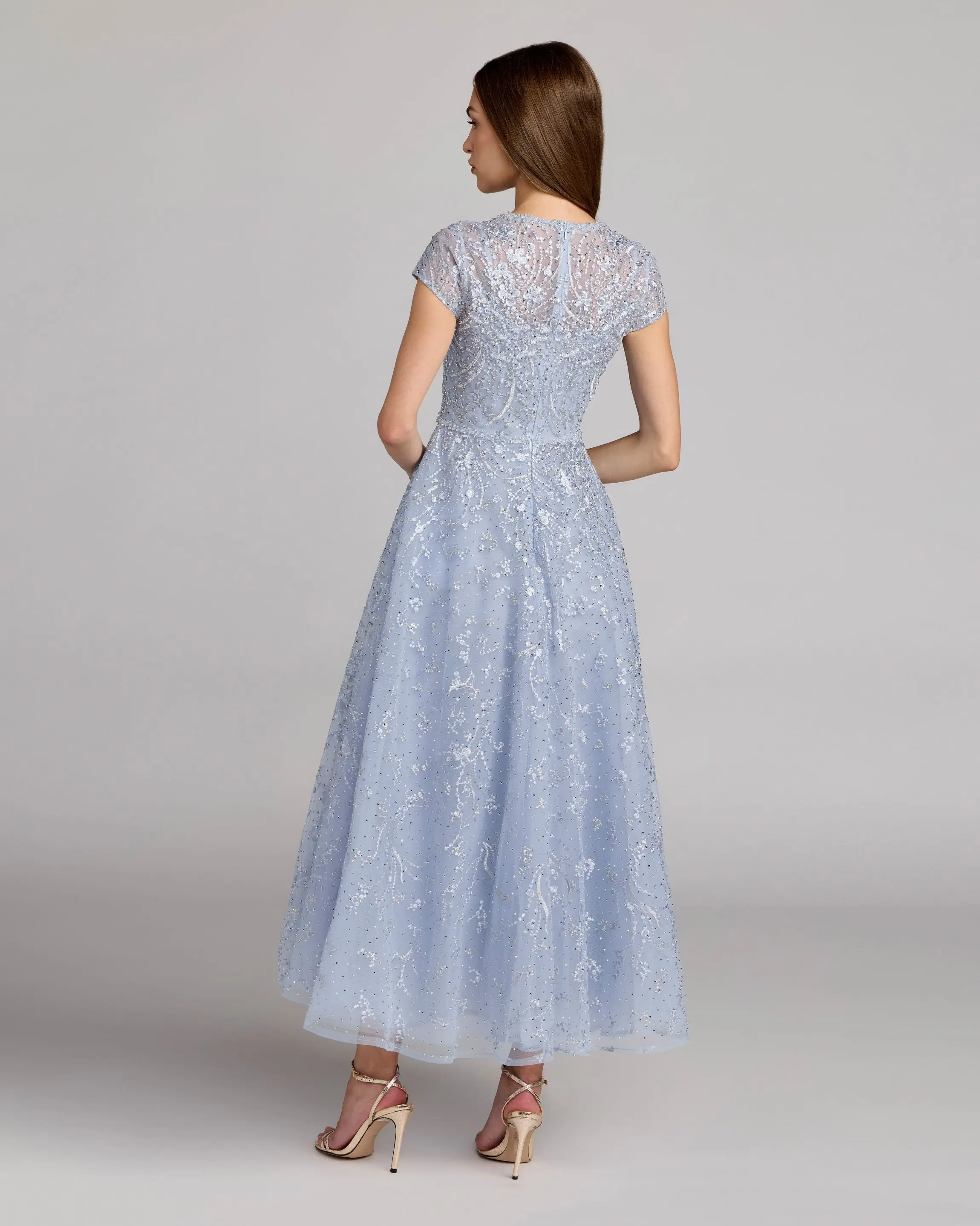 Blue Embellished High Neck Cap Sleeve A Line Dress - Image 3