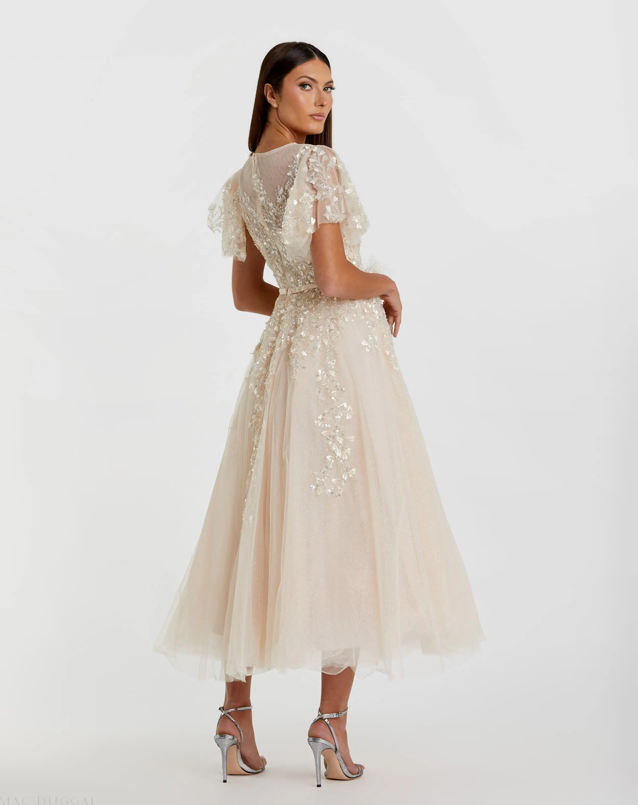 Beige Embellished Flutter Sleeve Bow Waist A Line Dress - FINAL SALE - Image 3