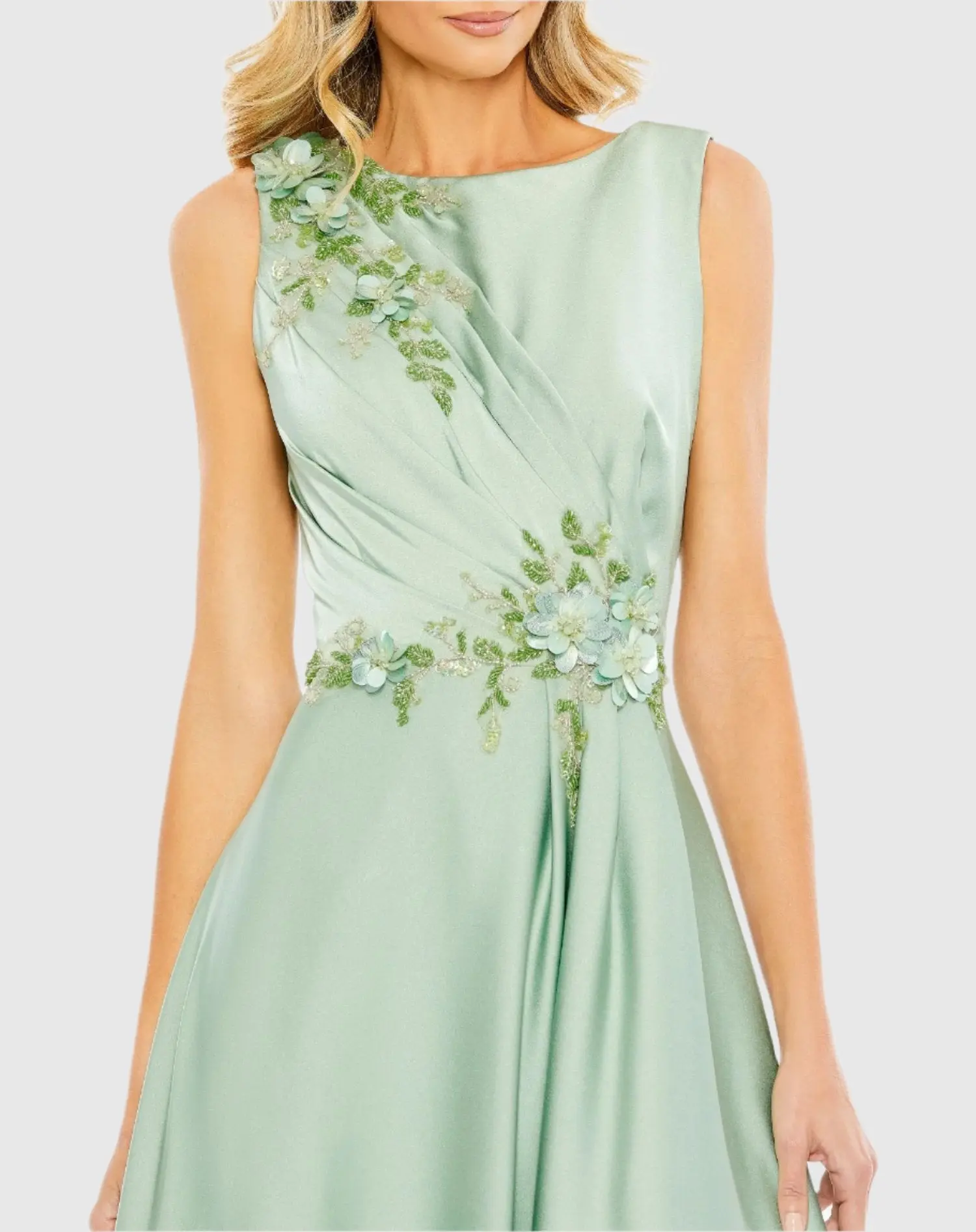 Green Floral Applique Sleeveless A Line Gown - Image 2