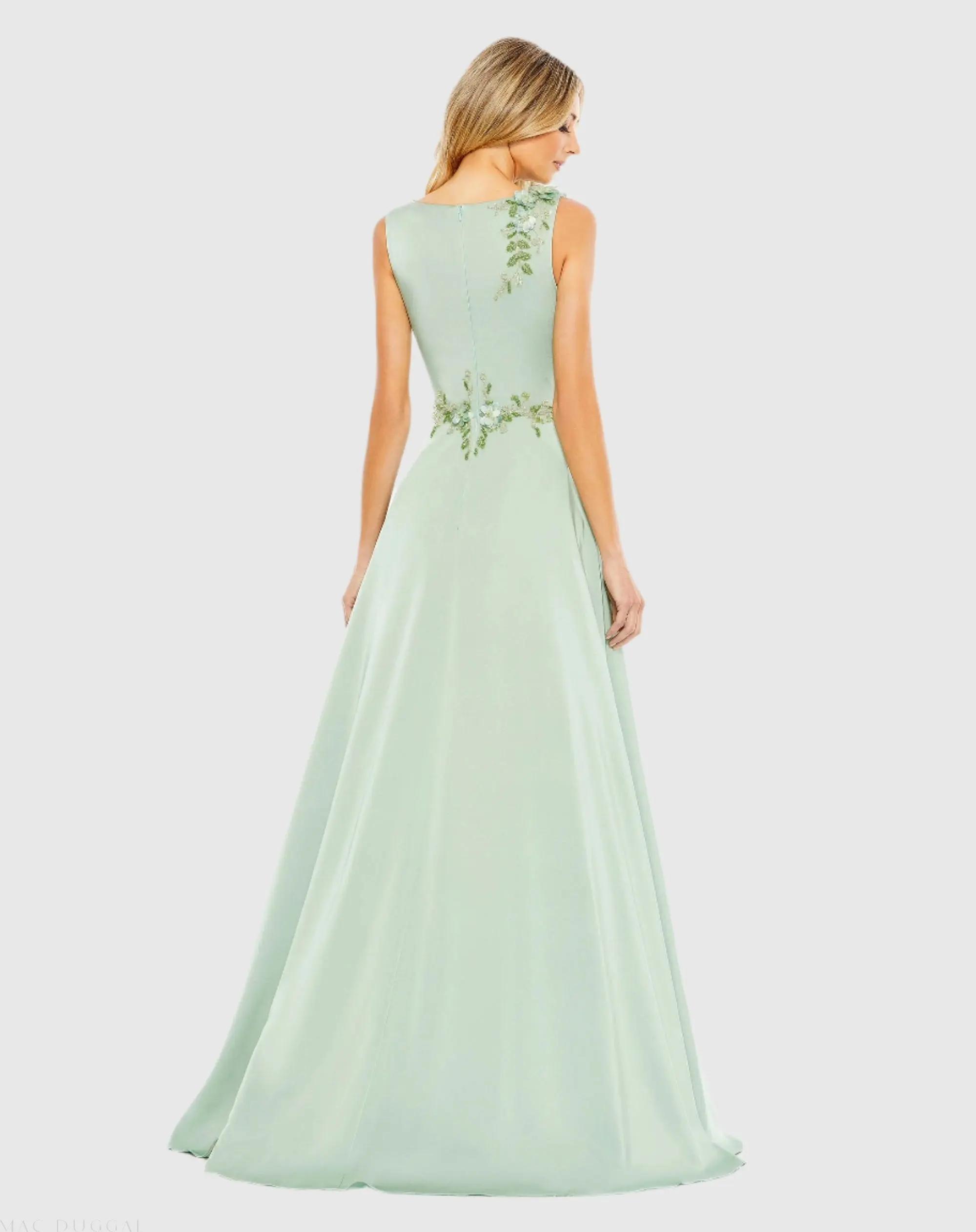 Green Floral Applique Sleeveless A Line Gown - Image 3