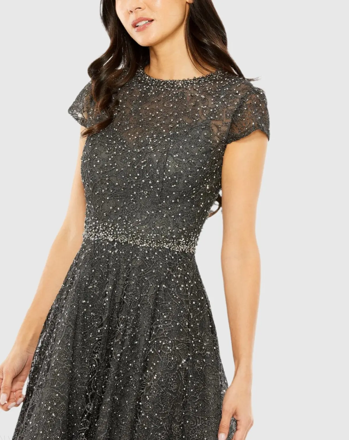 Gray Embellished Cap Sleeve A Line Dress - Image 2