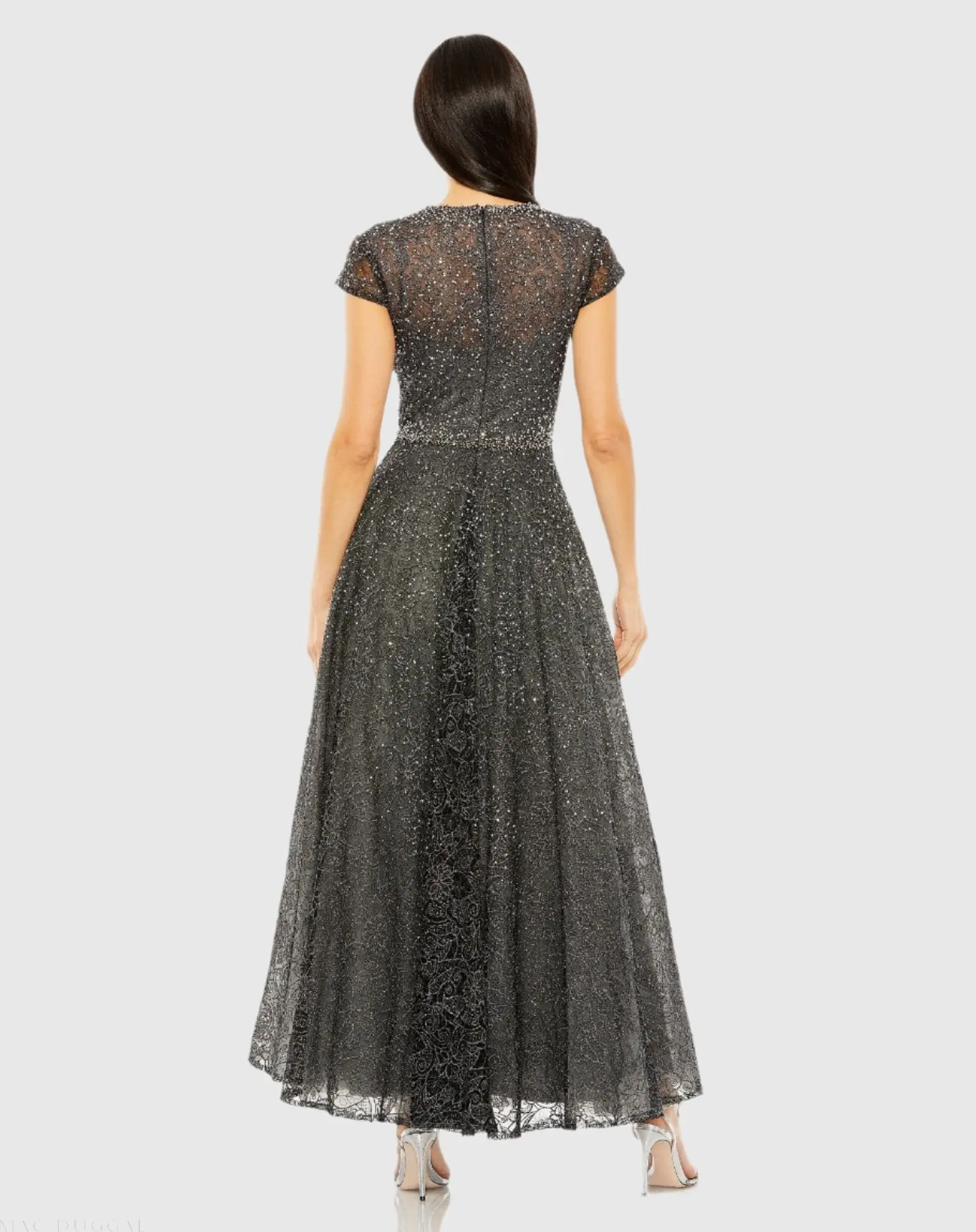 Gray Embellished Cap Sleeve A Line Dress - Image 3