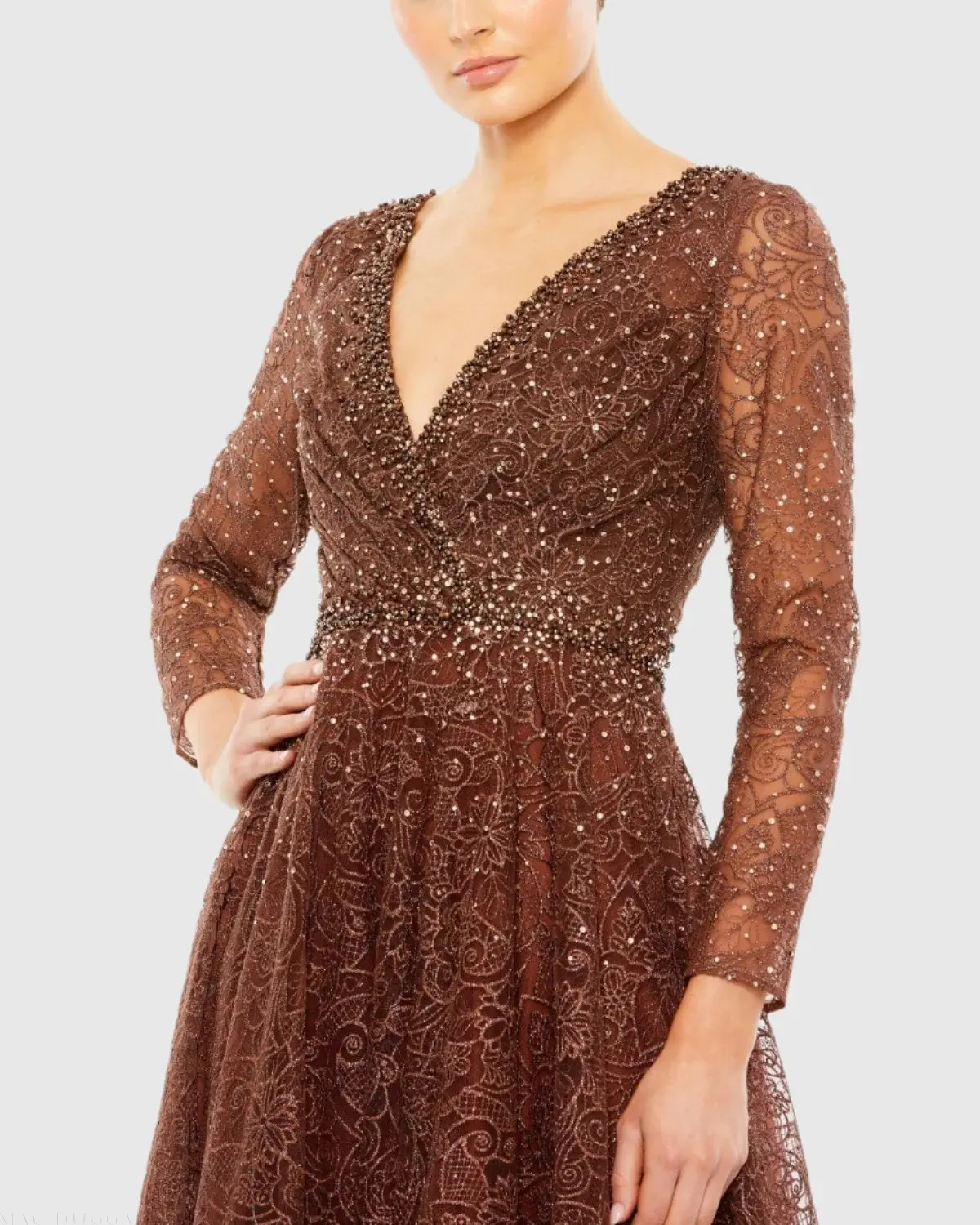 Brown Embellished Illusion Long Sleeve V Neck Gown - FINAL SALE - Image 2