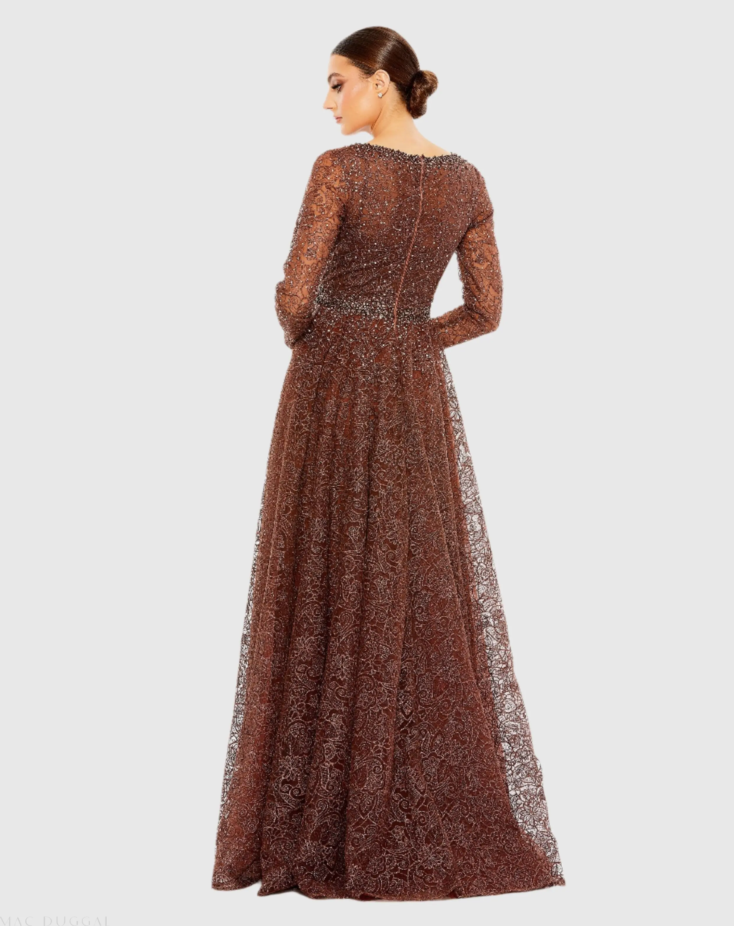 Brown Embellished Illusion Long Sleeve V Neck Gown - FINAL SALE - Image 3