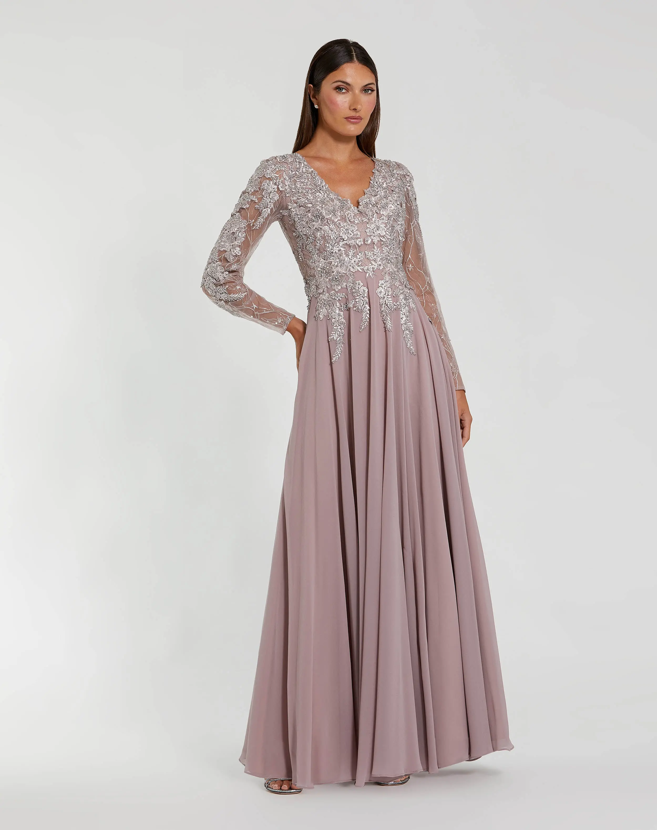 Purple Embellished Illusion V Neck Long Sleeve Gown