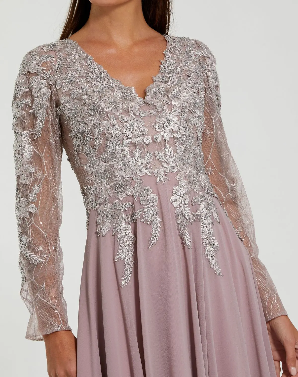 Purple Embellished Illusion V Neck Long Sleeve Gown - Image 2