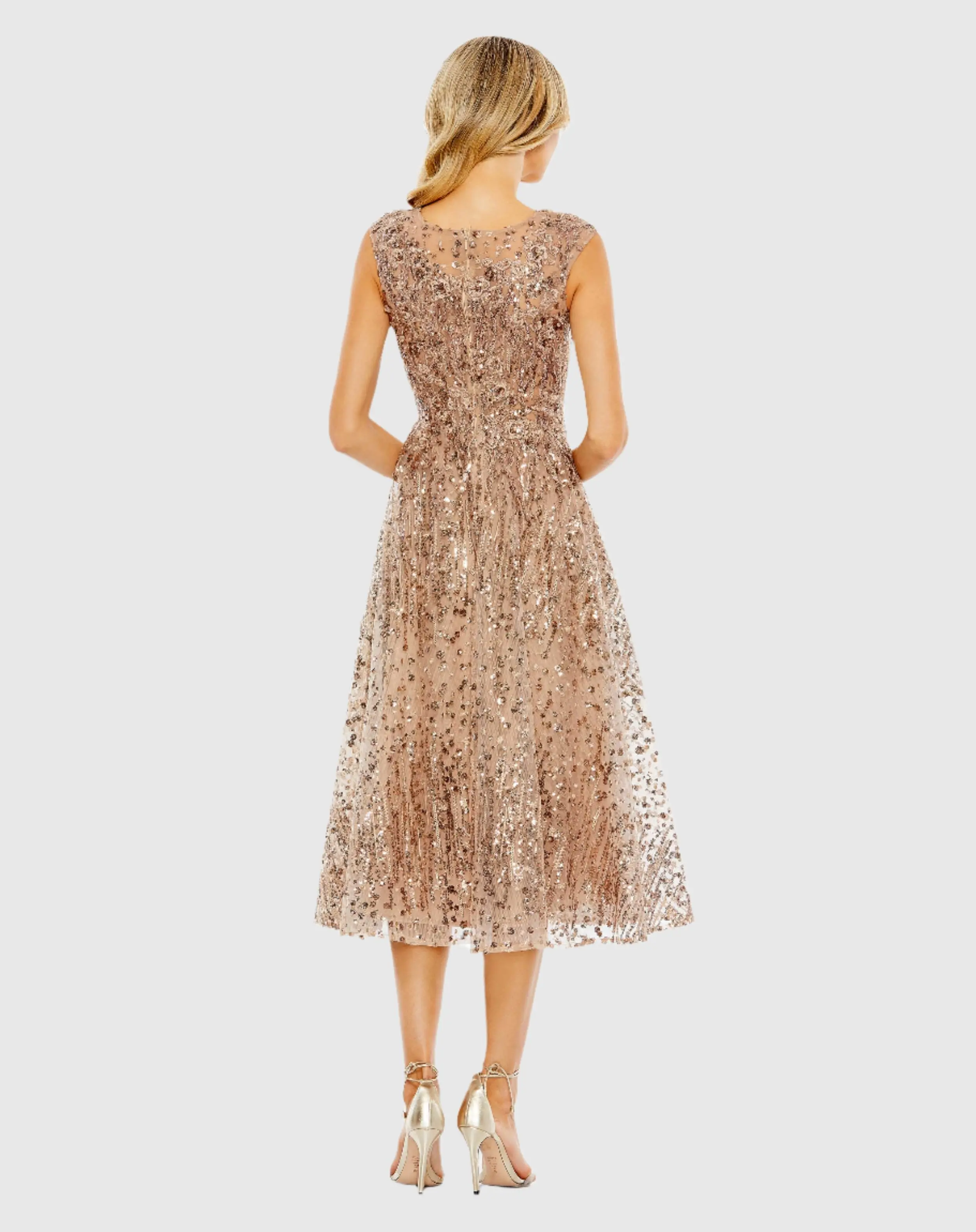 Gold Sequined Cap Sleeve Fit and Flare Dress - FINAL SALE - Image 3