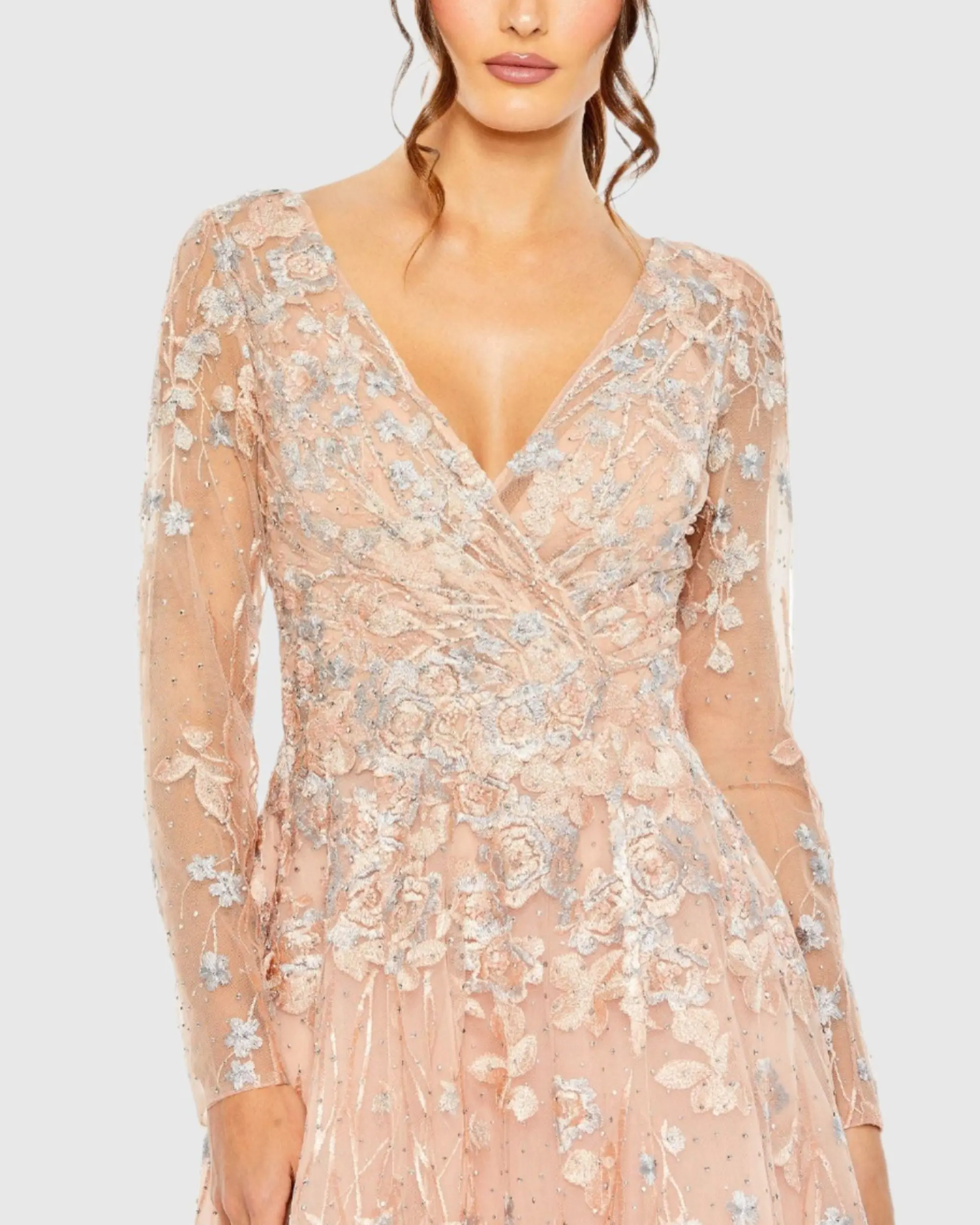 Pink Embroidered Lace Wrap Over Illusion Long Sleeve A Line Gown - Image 2