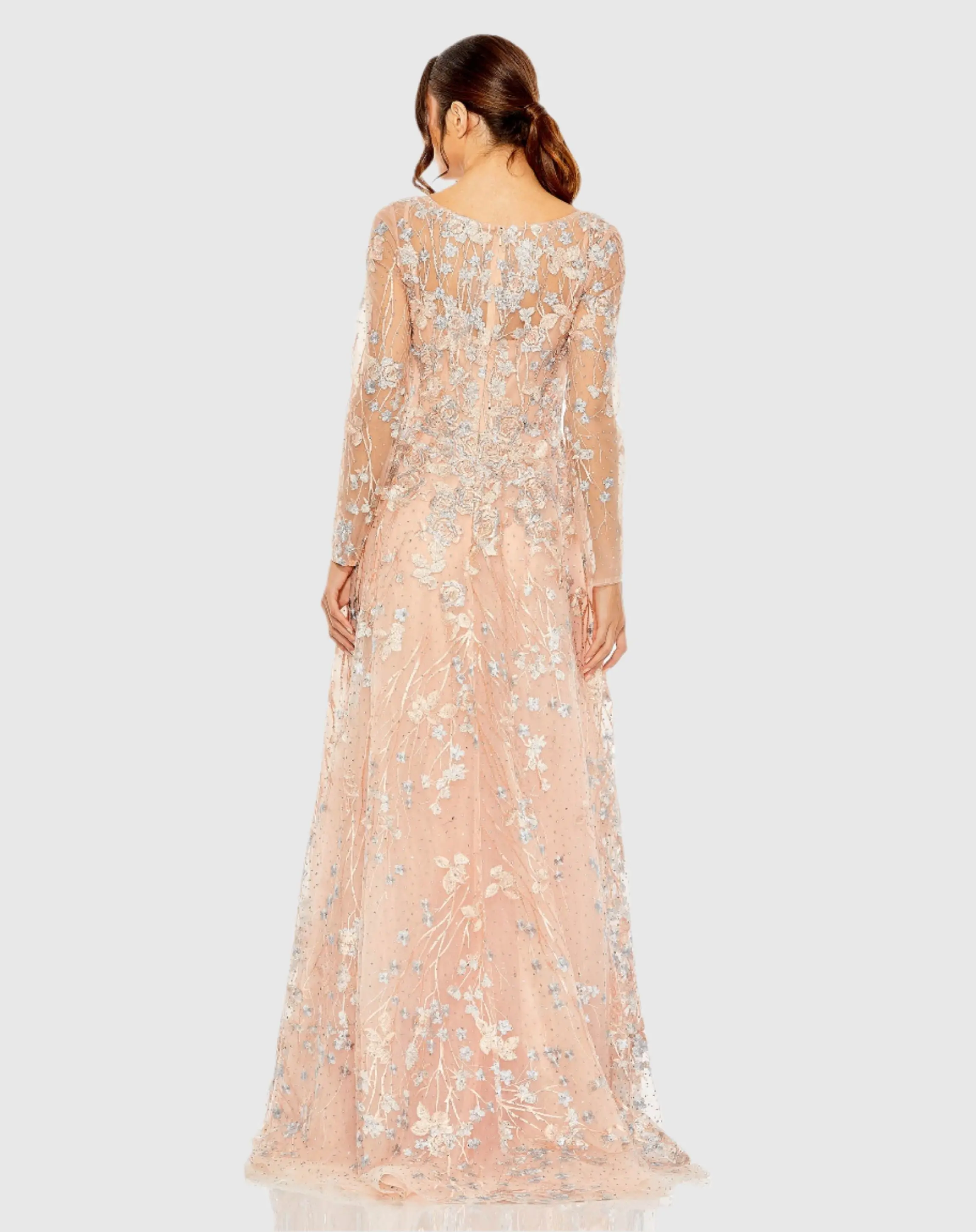 Pink Embroidered Lace Wrap Over Illusion Long Sleeve A Line Gown - Image 3