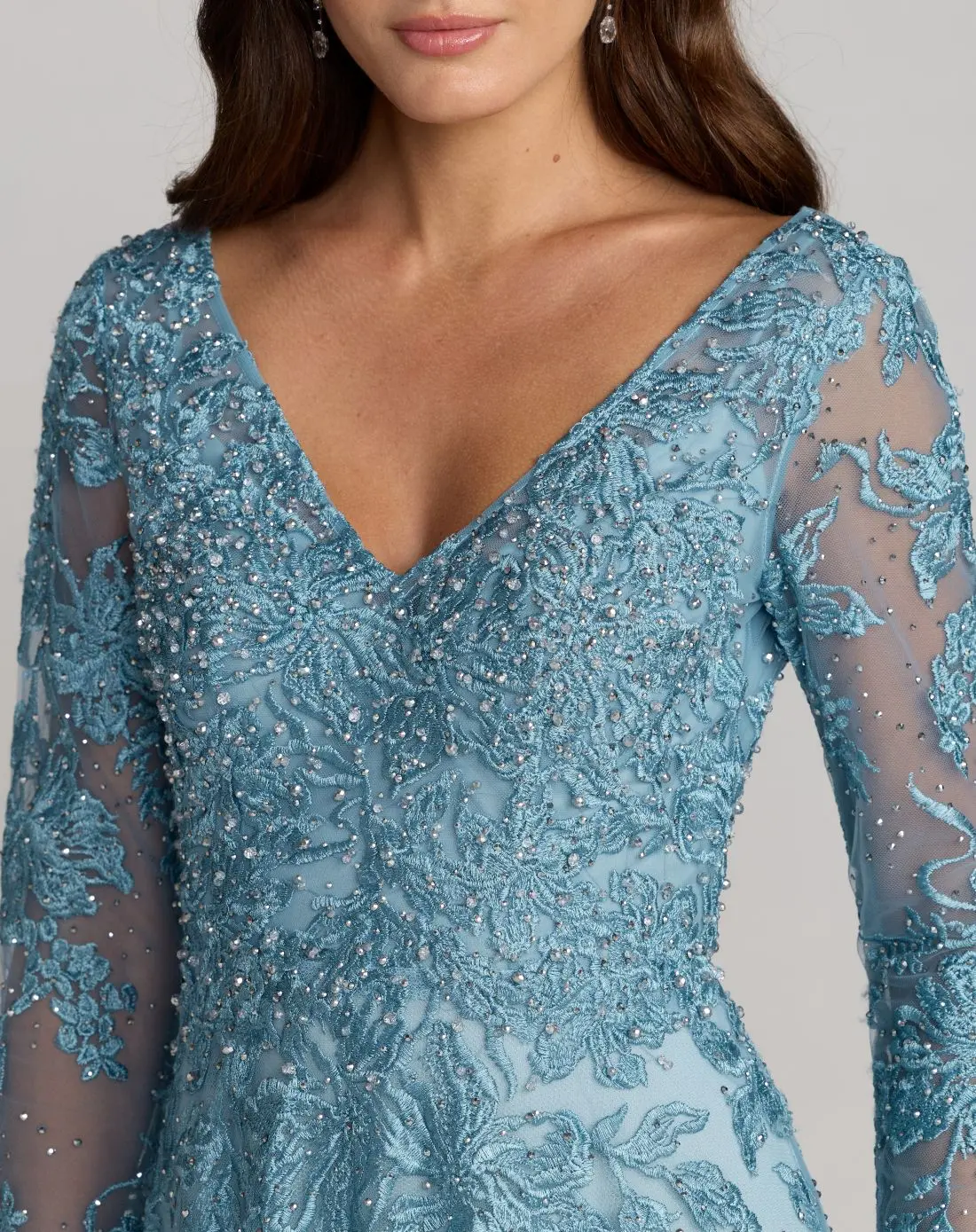 Blue Embroidered Long Sleeve A-Line Gown - Image 2
