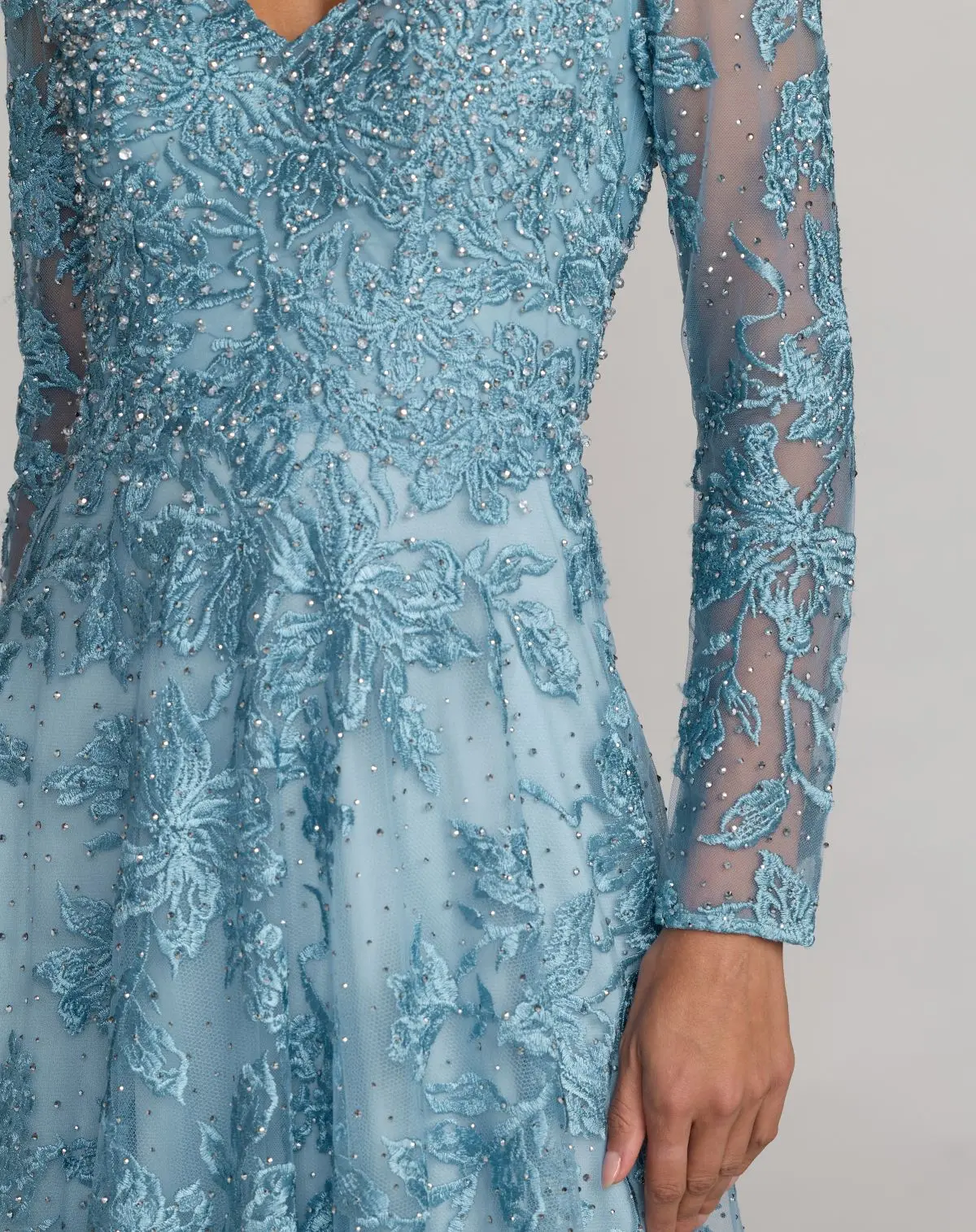 Blue Embroidered Long Sleeve A-Line Gown - Image 3