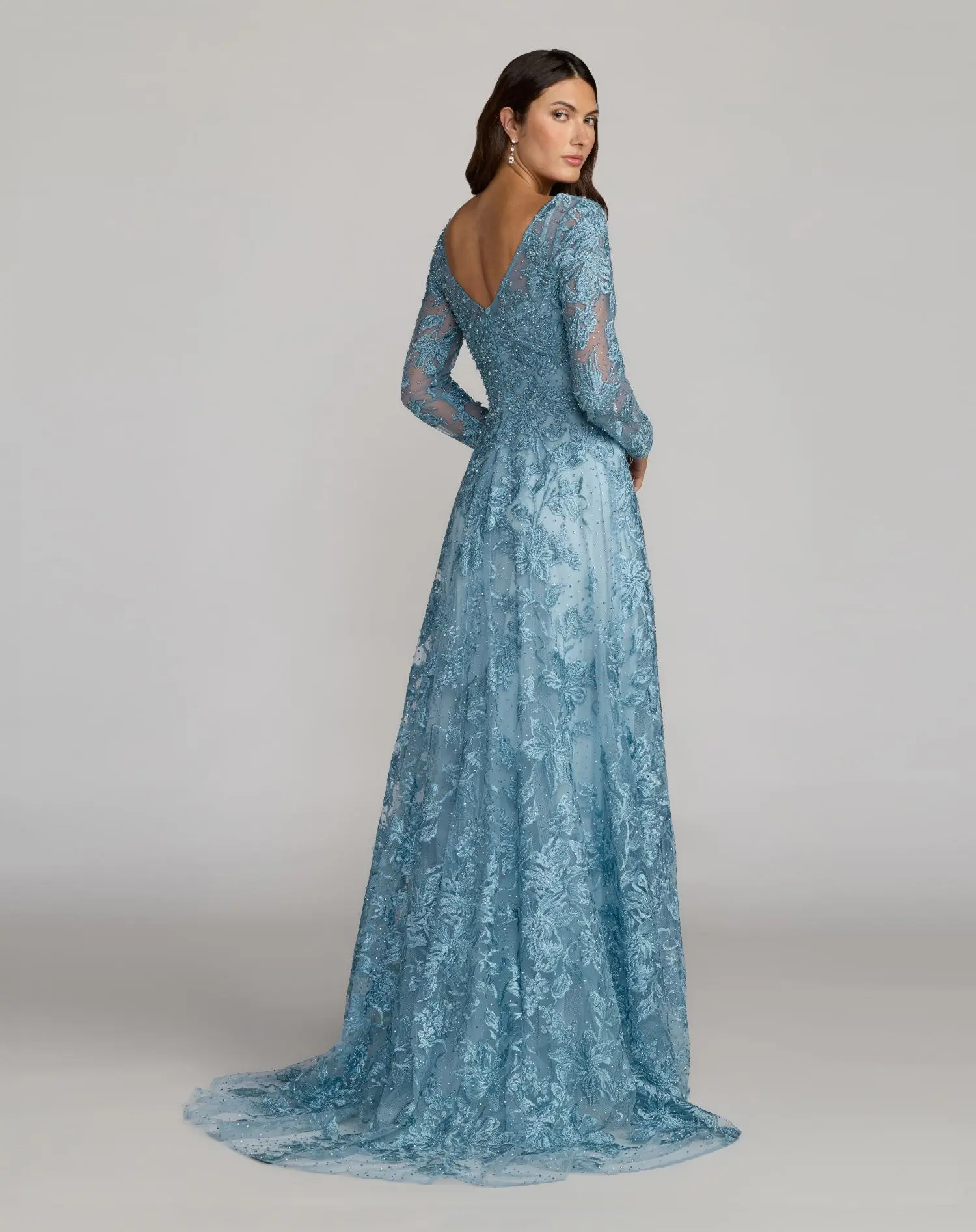 Blue Embroidered Long Sleeve A-Line Gown - Image 4