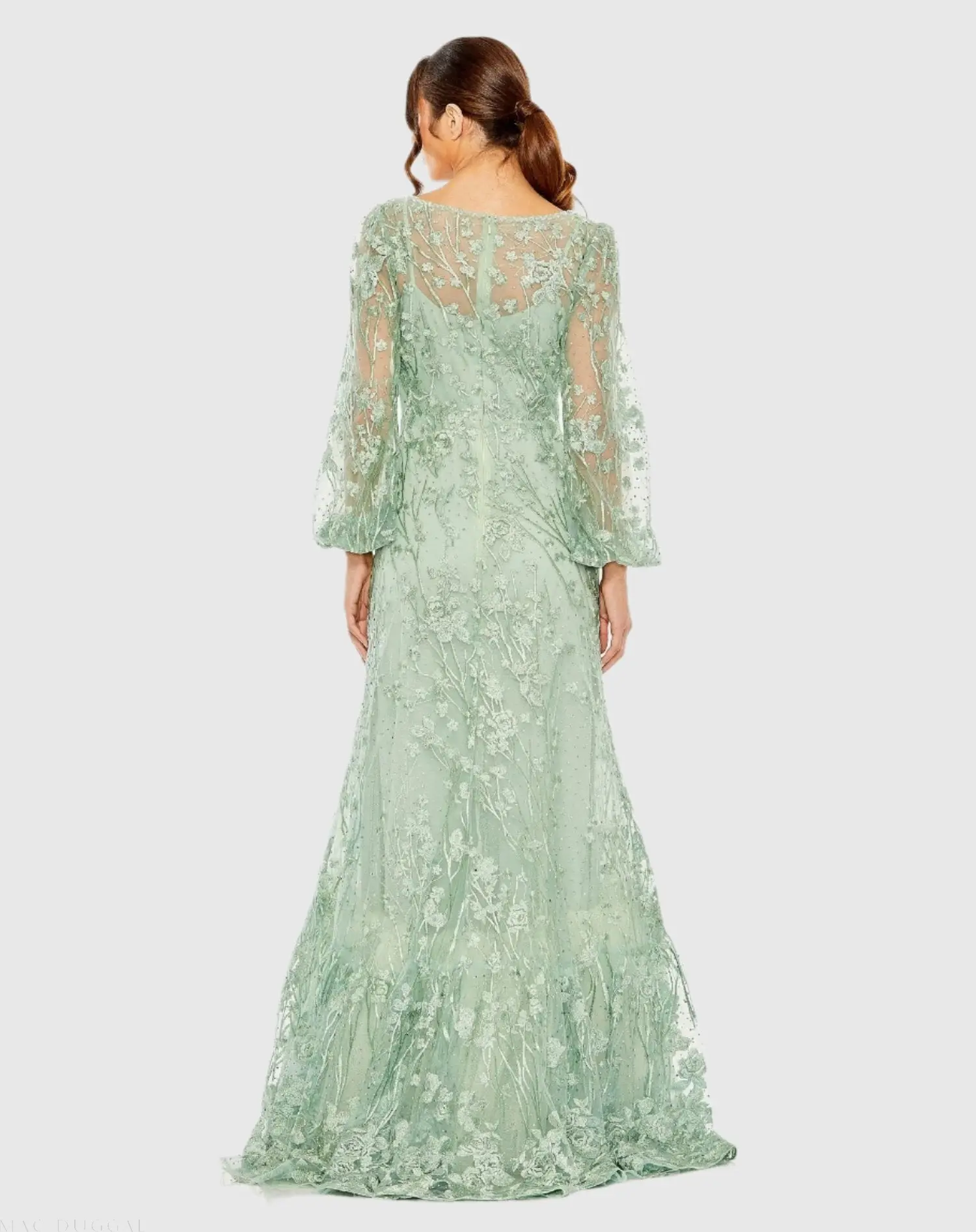 Green Puff Sleeve A-Line Embroidered Gown - Image 3