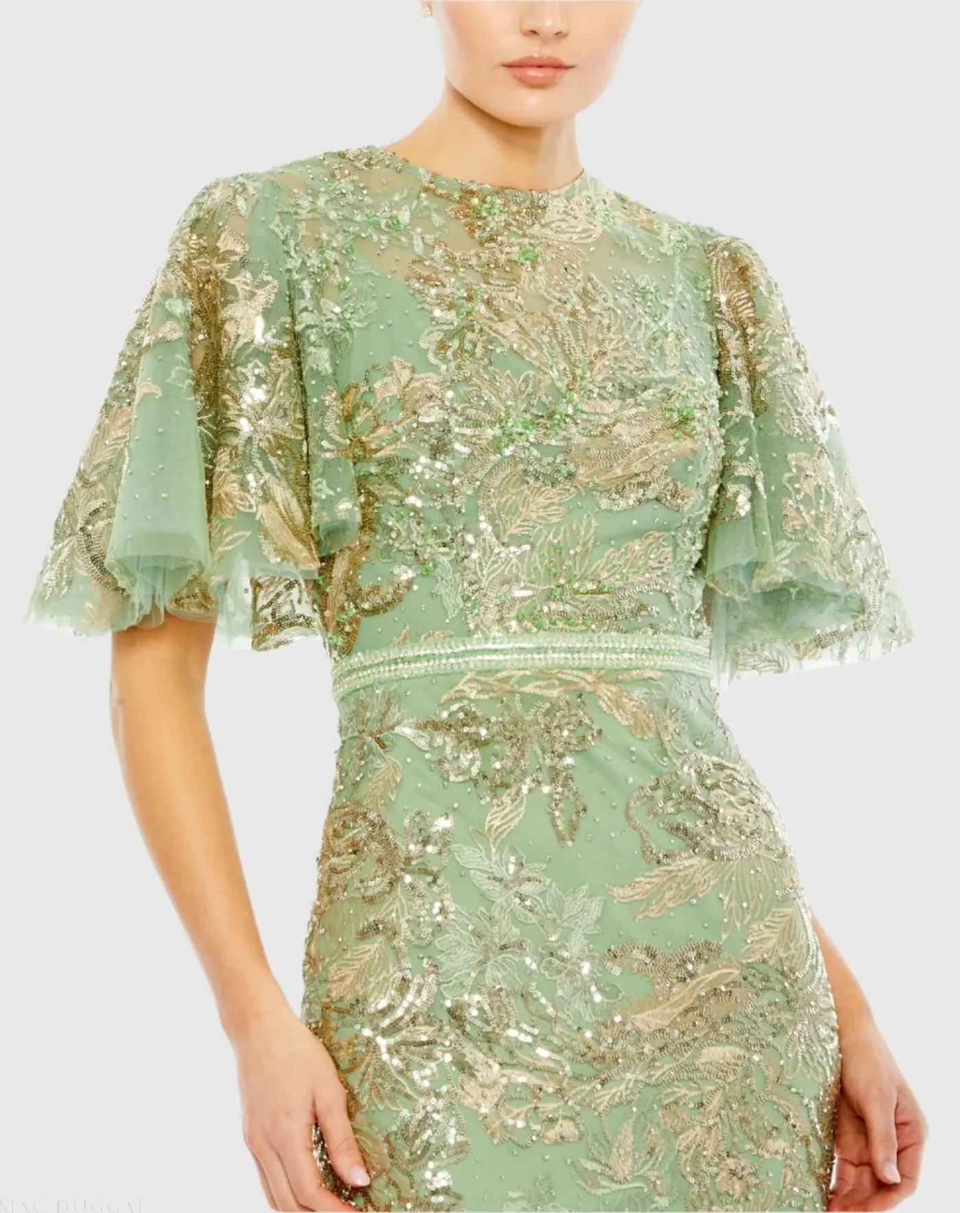 Green Embellished Flutter Sleeve High Neck Gown - Image 2