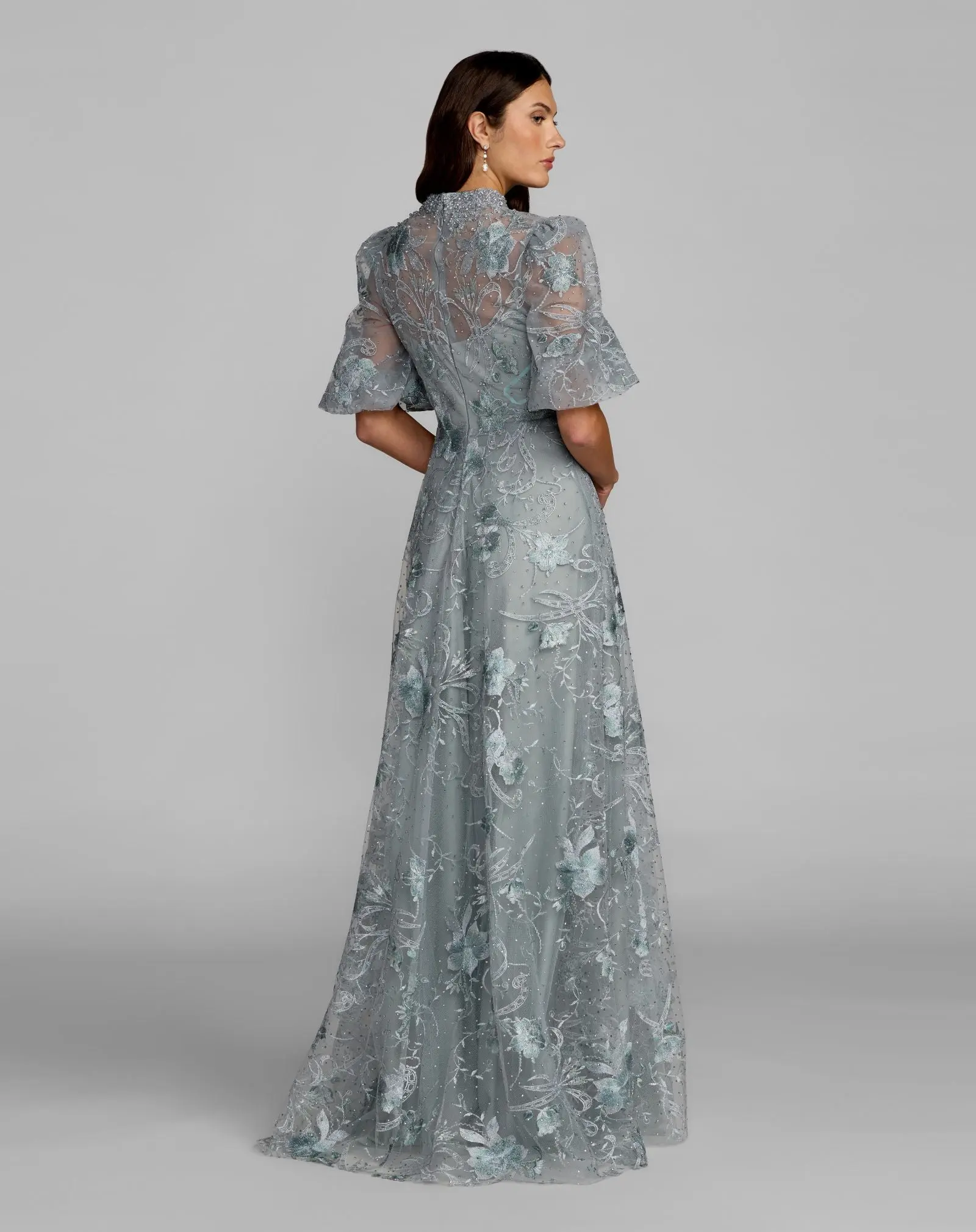 Blue Queen Anne Puff Sleeve Embroidered A-Line Gown - Image 3