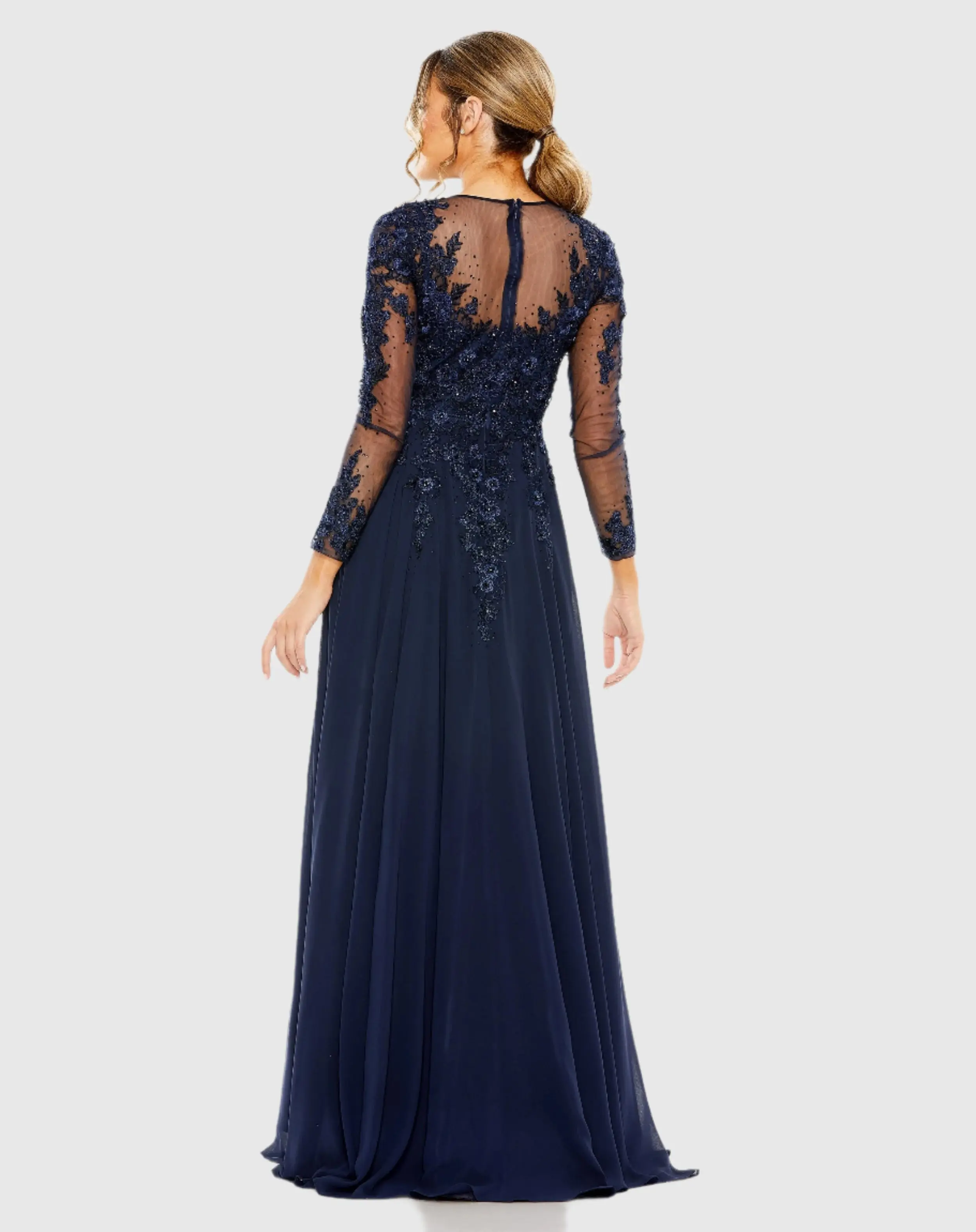 Navy High Neck Long Sleeve Embellished A-line Gown - Image 3