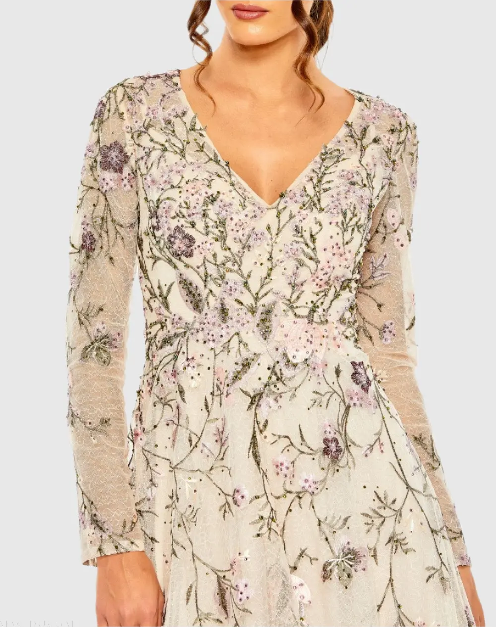 Beige V-Neck Long Sleeve Embroidered A-Line Floral Gown - Image 2