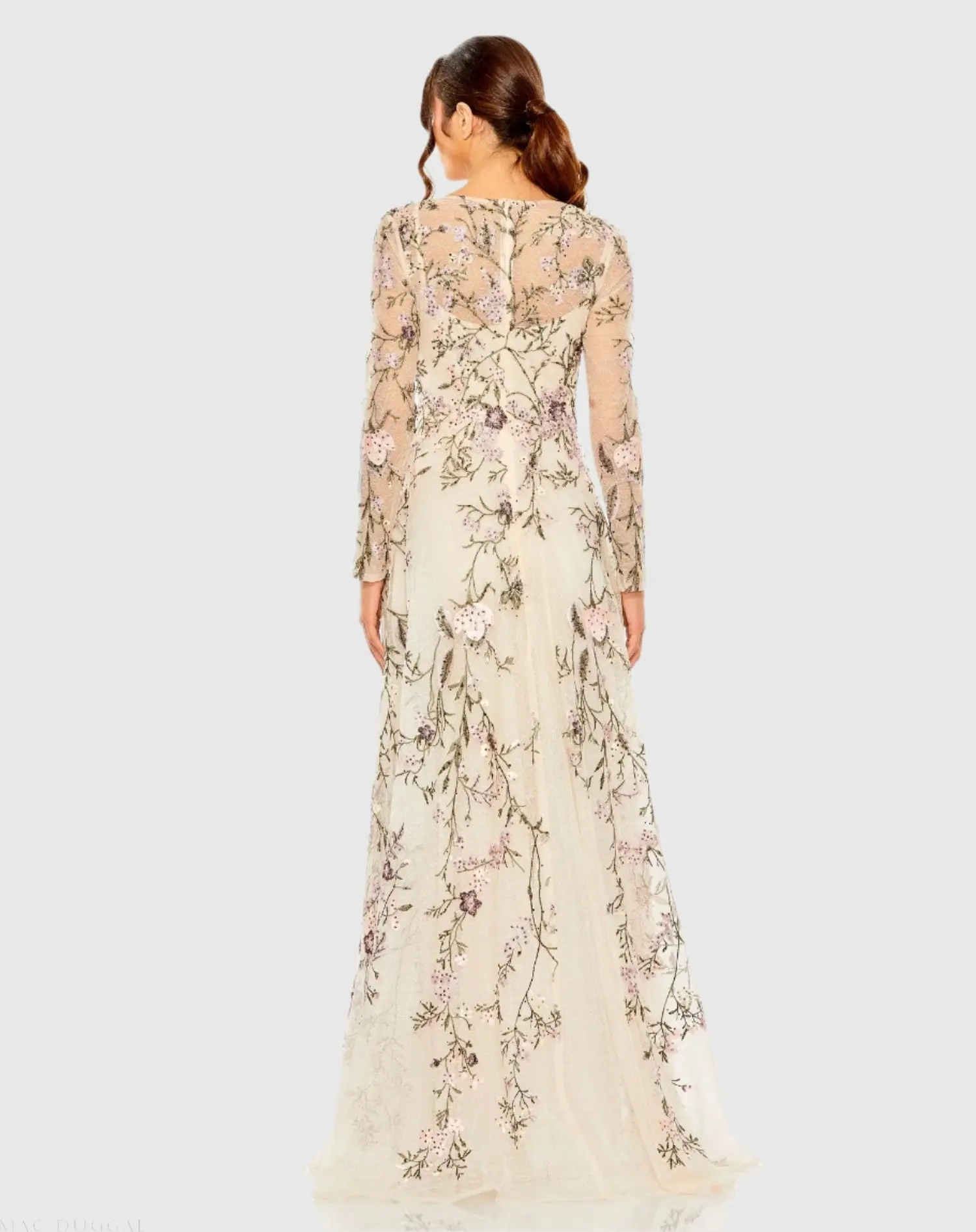 Beige V-Neck Long Sleeve Embroidered A-Line Floral Gown - Image 3