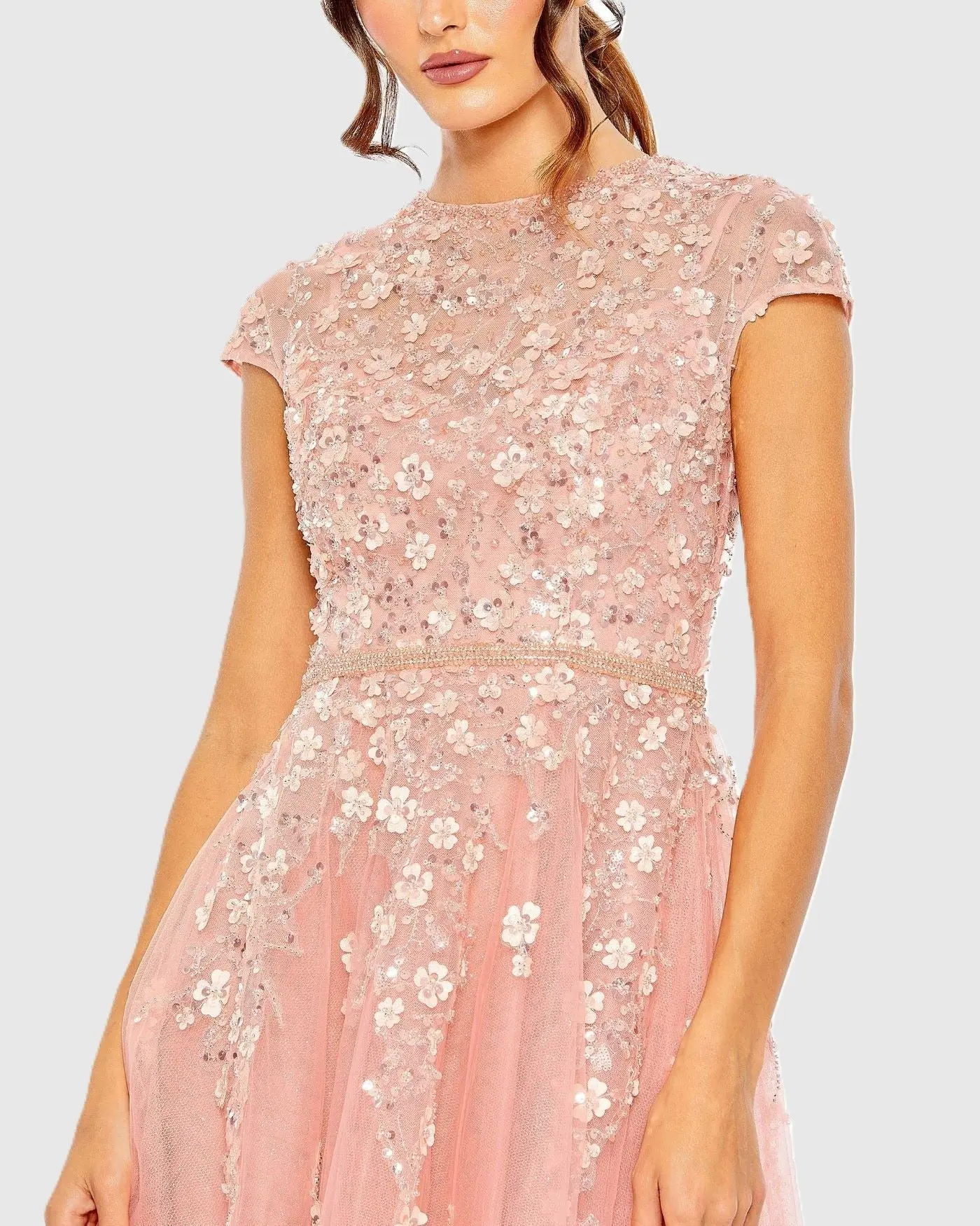 Pink High Neck Cap Sleeve Embellished A Line Gown - Image 2