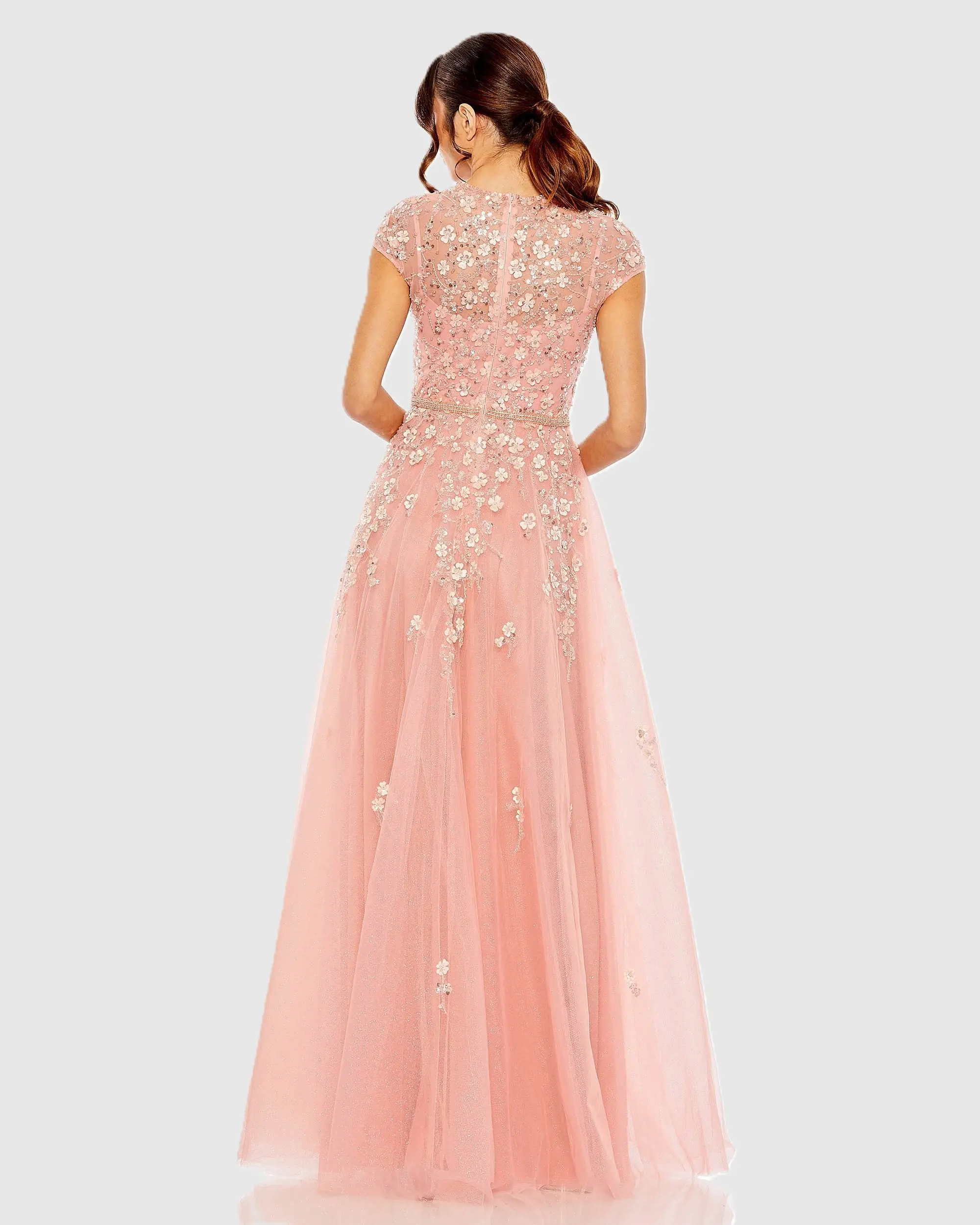 Pink High Neck Cap Sleeve Embellished A Line Gown - Image 3