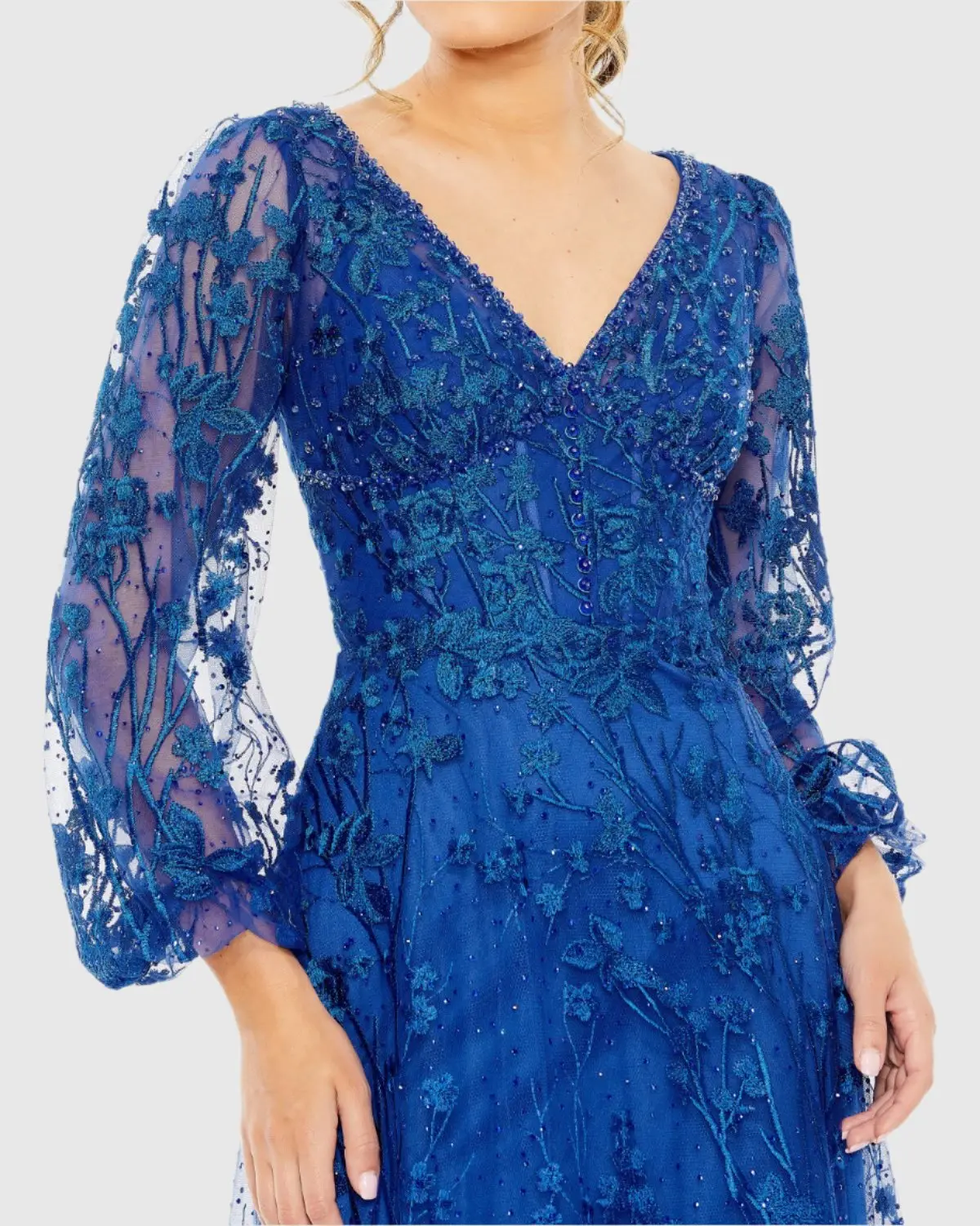 Blue V-Neck Embroidered A-line Tea Length Dress - Image 2