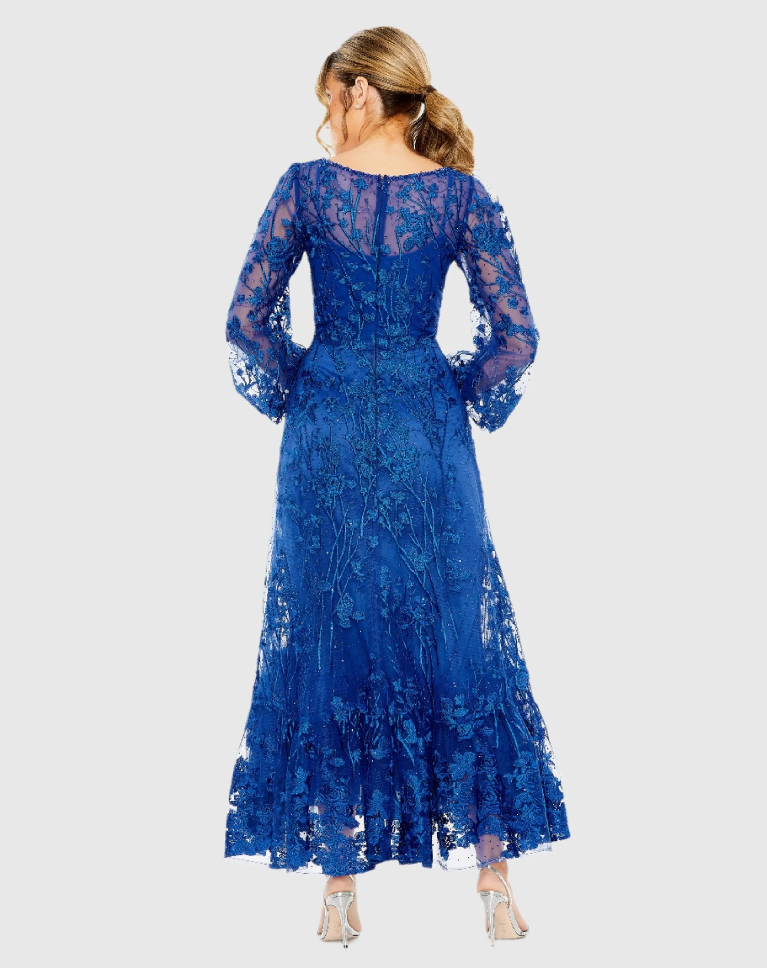 Blue V-Neck Embroidered A-line Tea Length Dress - Image 3