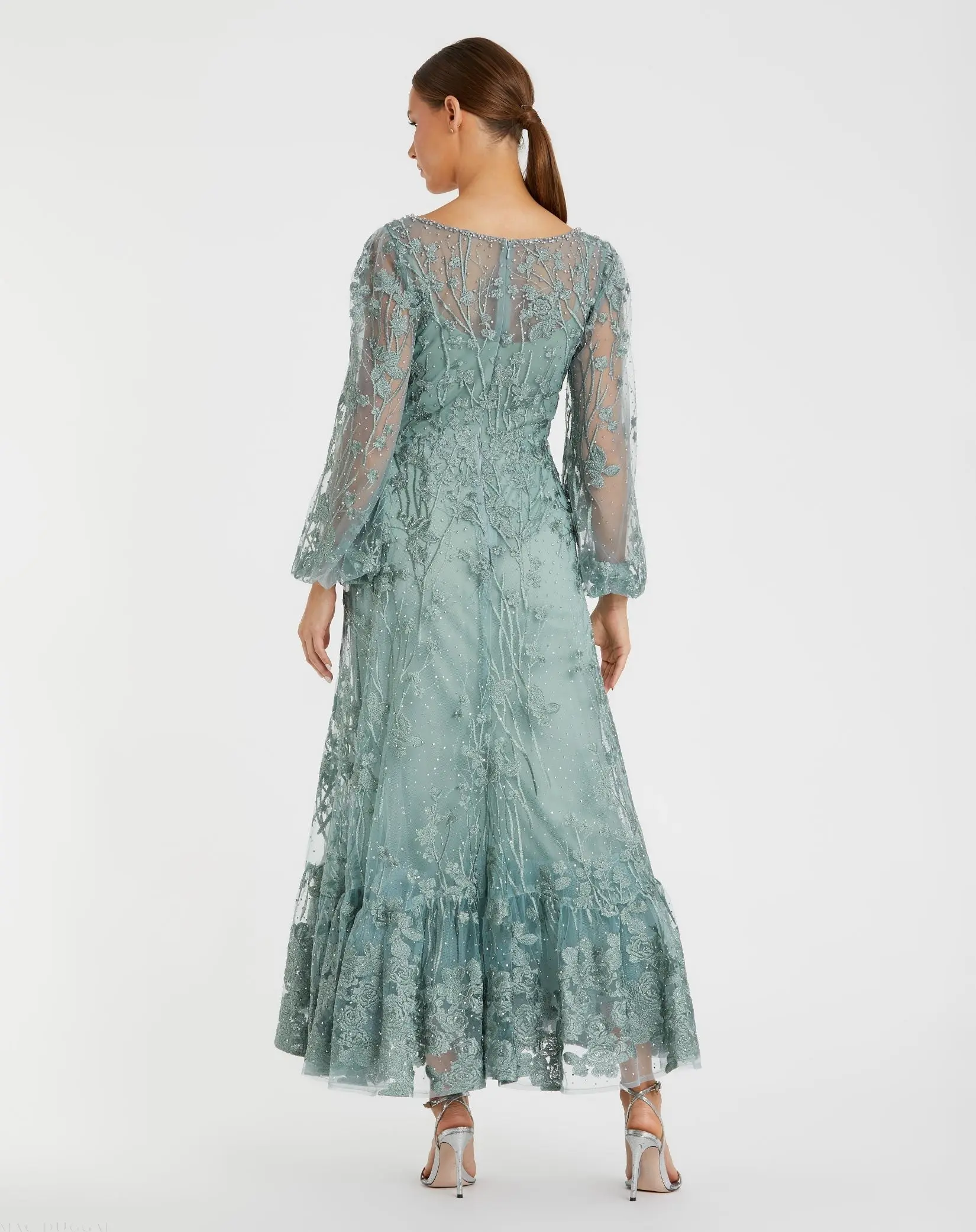 Green V-Neck Embroidered A-line Tea Length Dress - Image 3