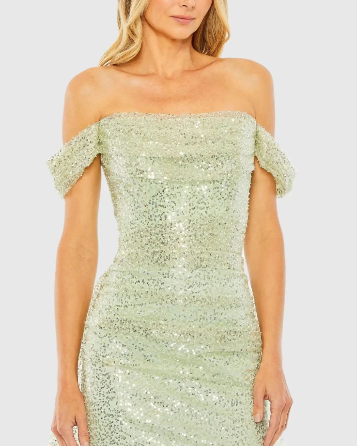 Green Off the Shoulder Sequin Panel Train Gown - FINAL SALE - Image 2