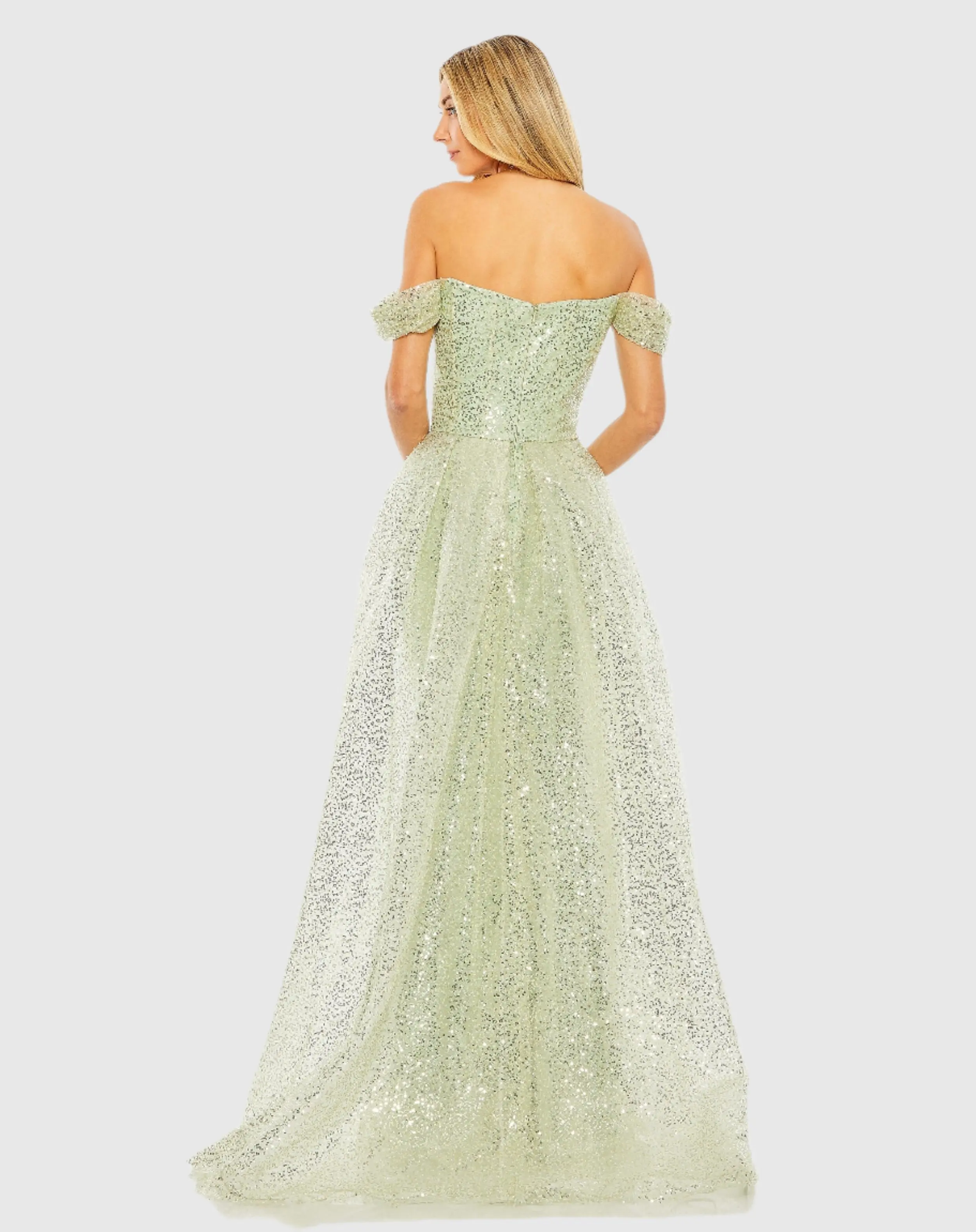 Green Off the Shoulder Sequin Panel Train Gown - FINAL SALE - Image 3