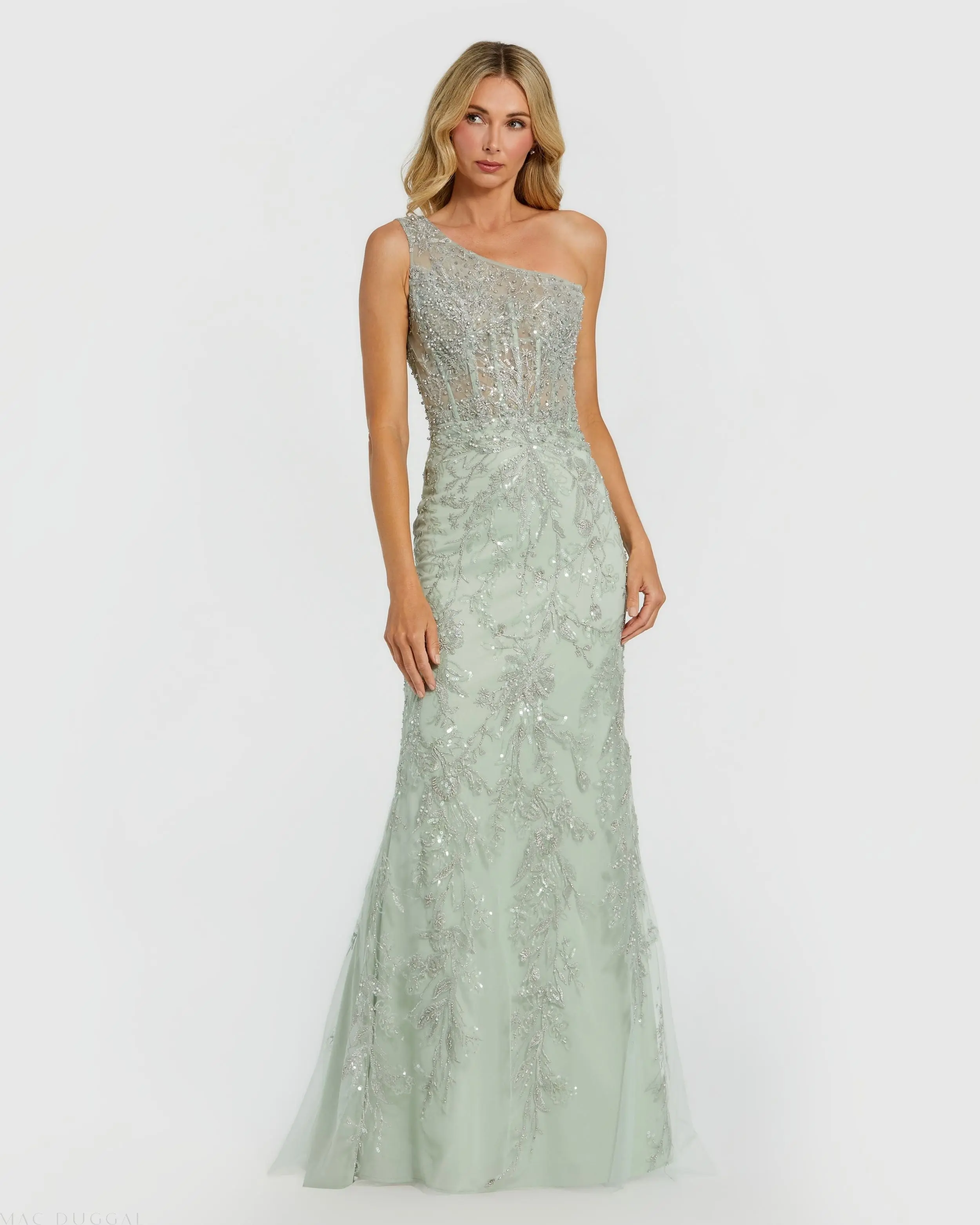 Green One Shoulder Hand Embellished Evening Gown