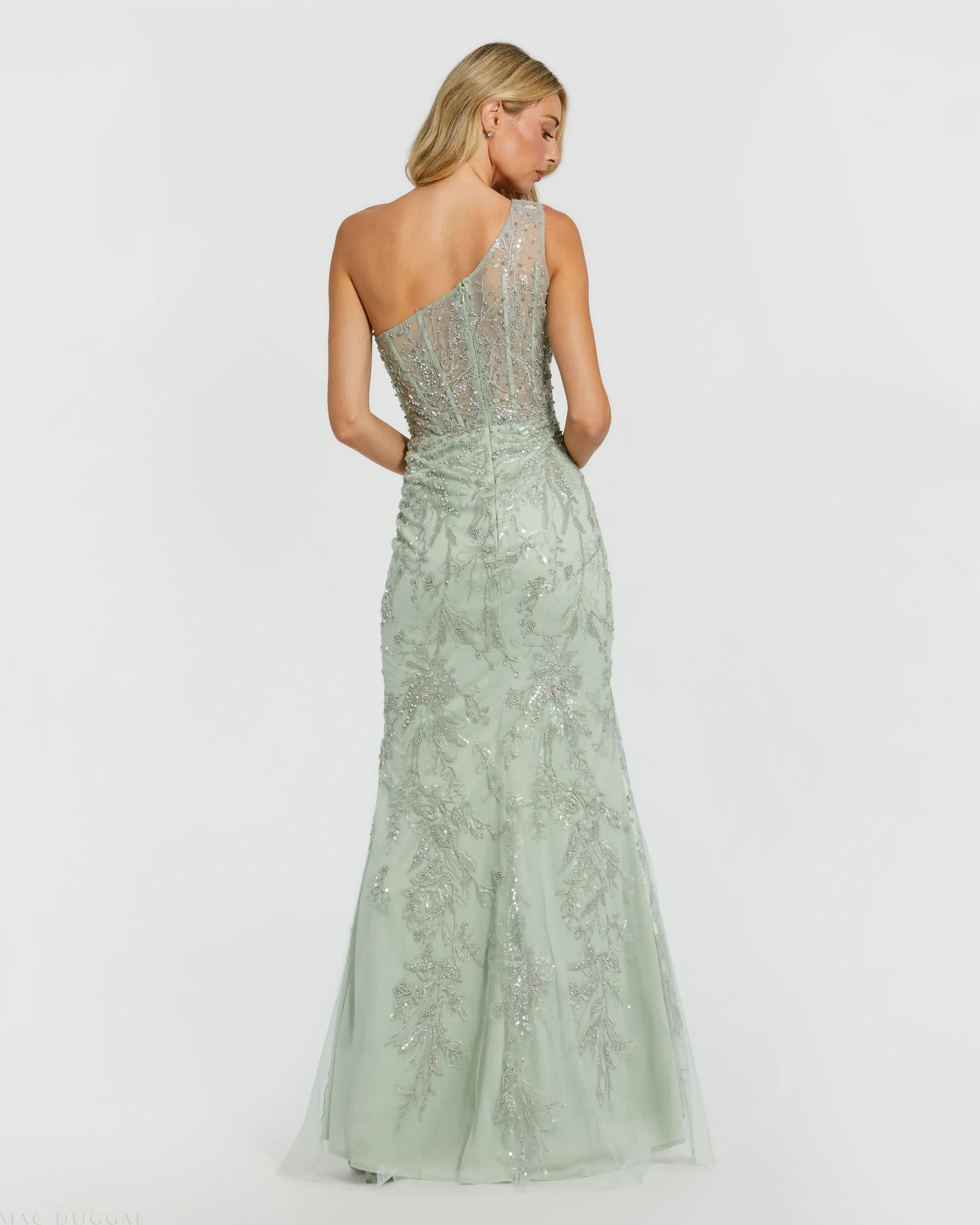 Green One Shoulder Hand Embellished Evening Gown - Image 3
