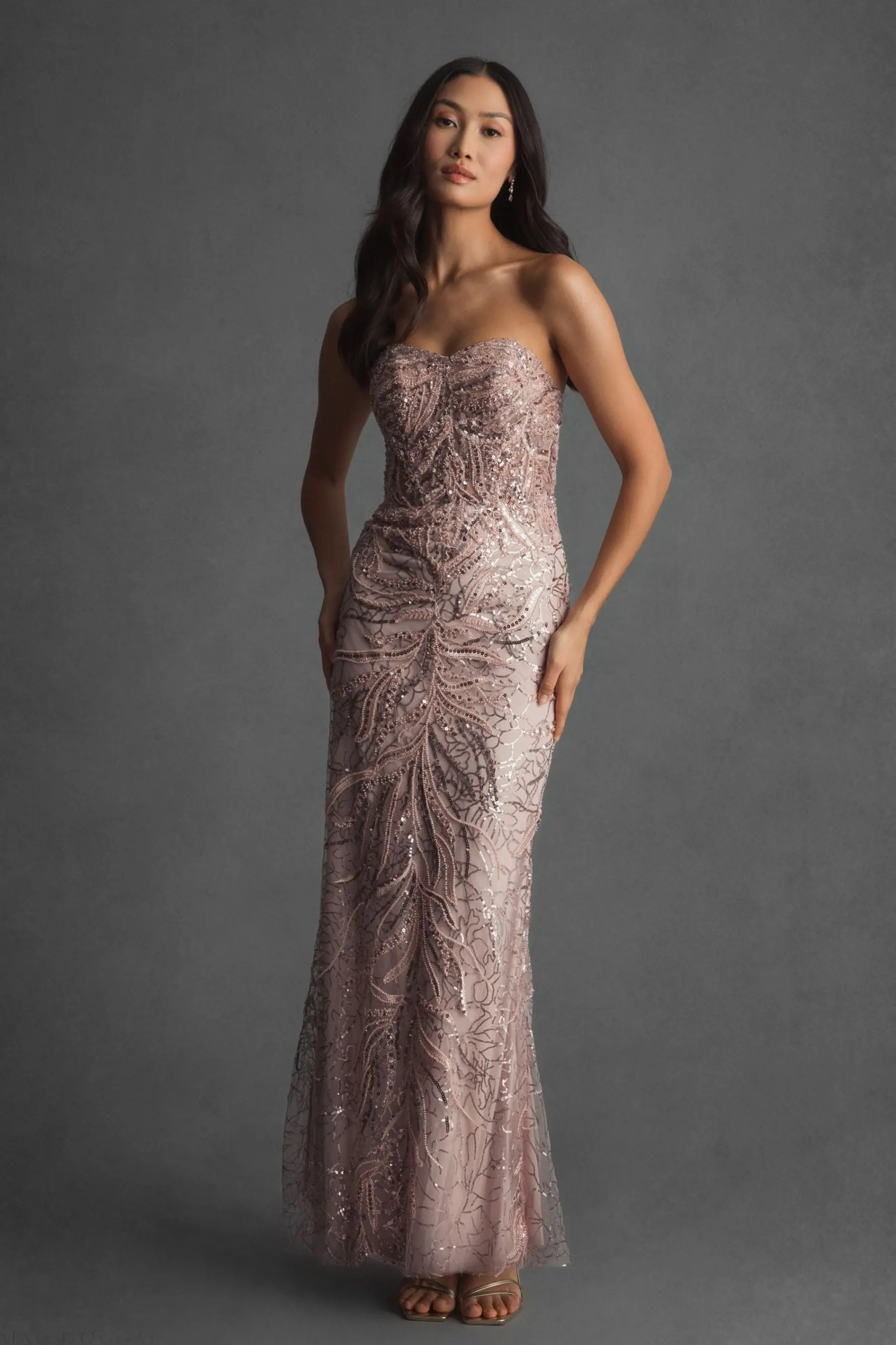 Pink Beaded Sequin Strapless Trumpet Gown - Image 4
