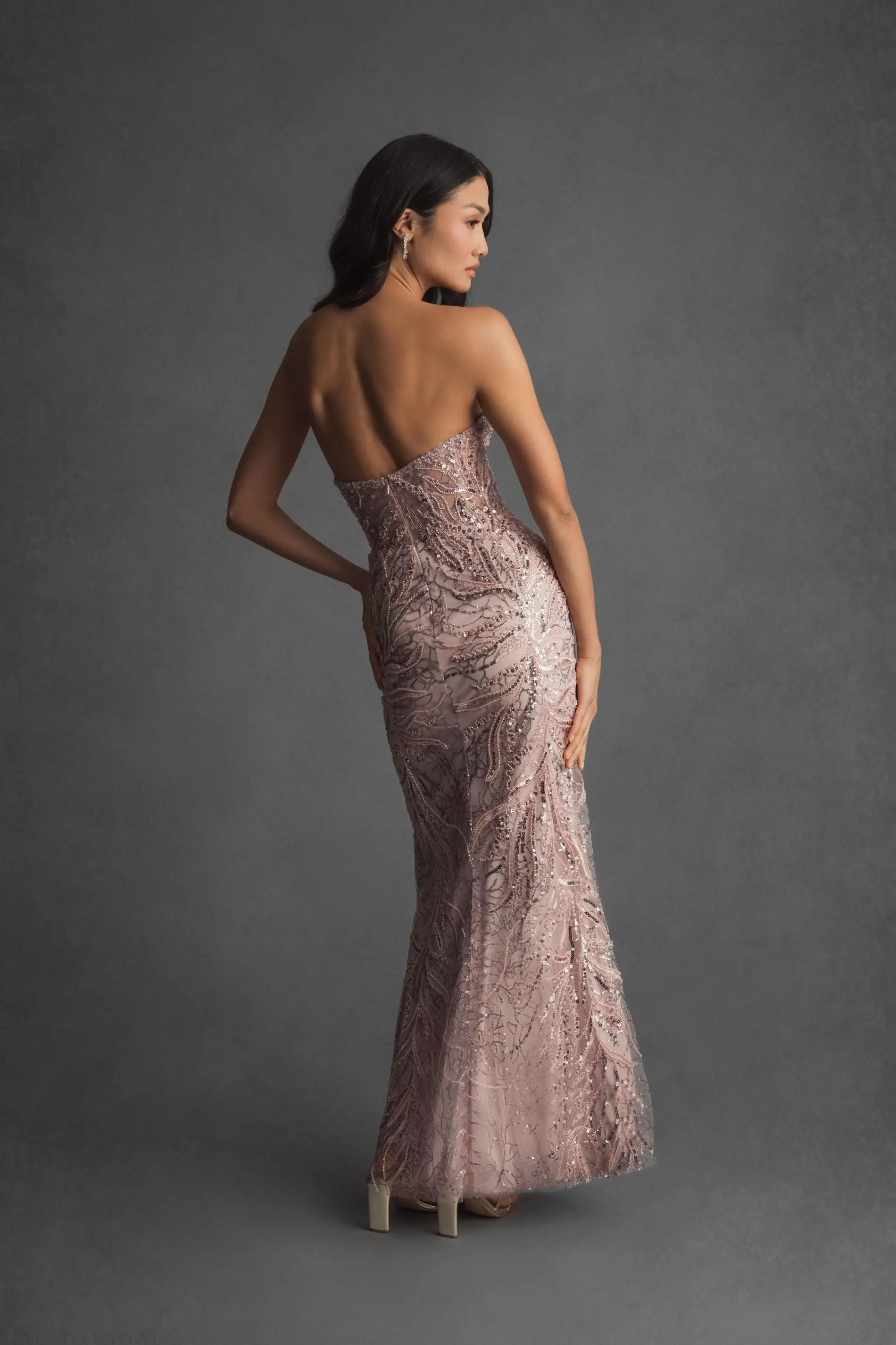 Pink Beaded Sequin Strapless Trumpet Gown - Image 6