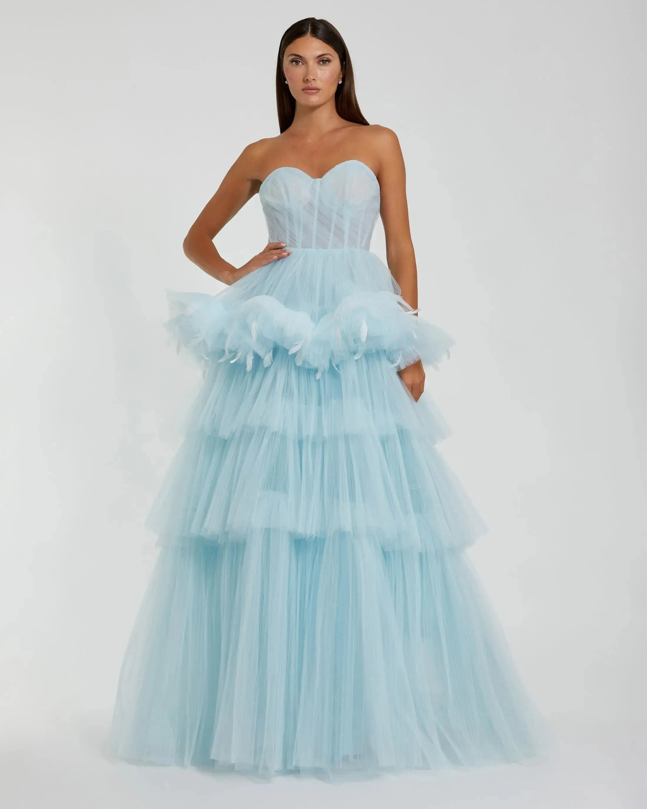 Blue Strapless Tulle Gown with Feather Detail - FINAL SALE