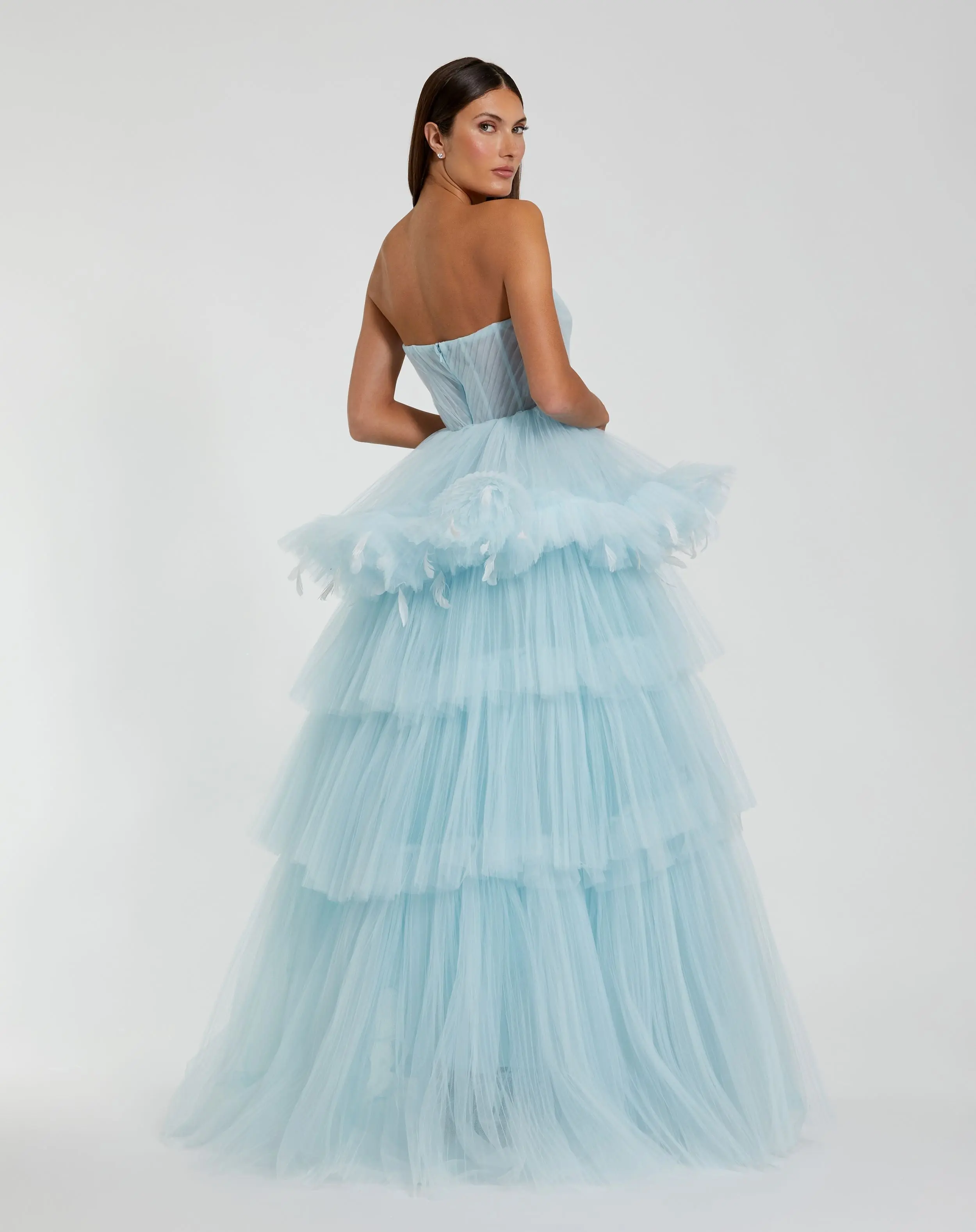 Blue Strapless Tulle Gown with Feather Detail - FINAL SALE - Image 3