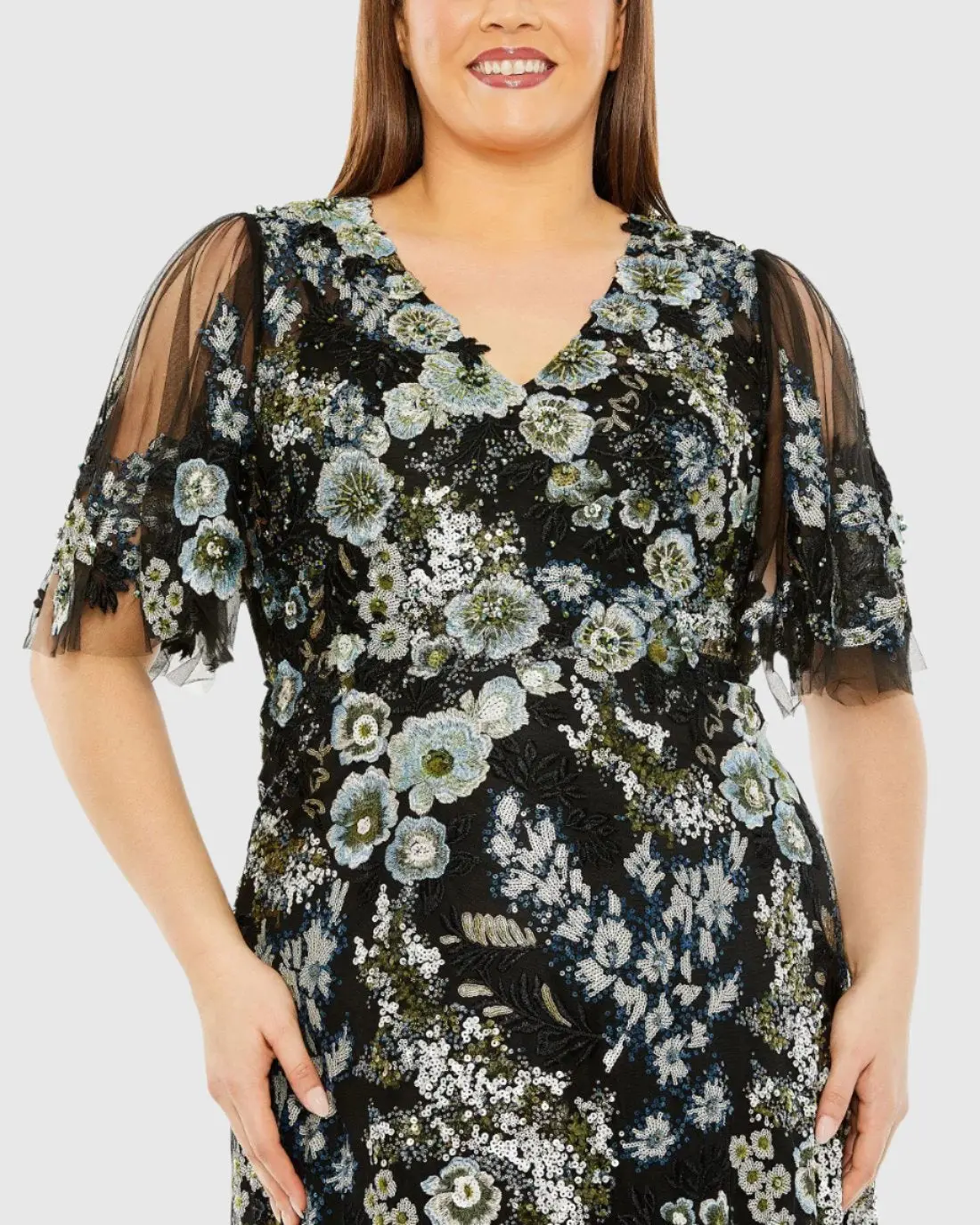 Black Sheer Sleeve V-Neck Floral Embroidered Gown (Plus) - Image 2