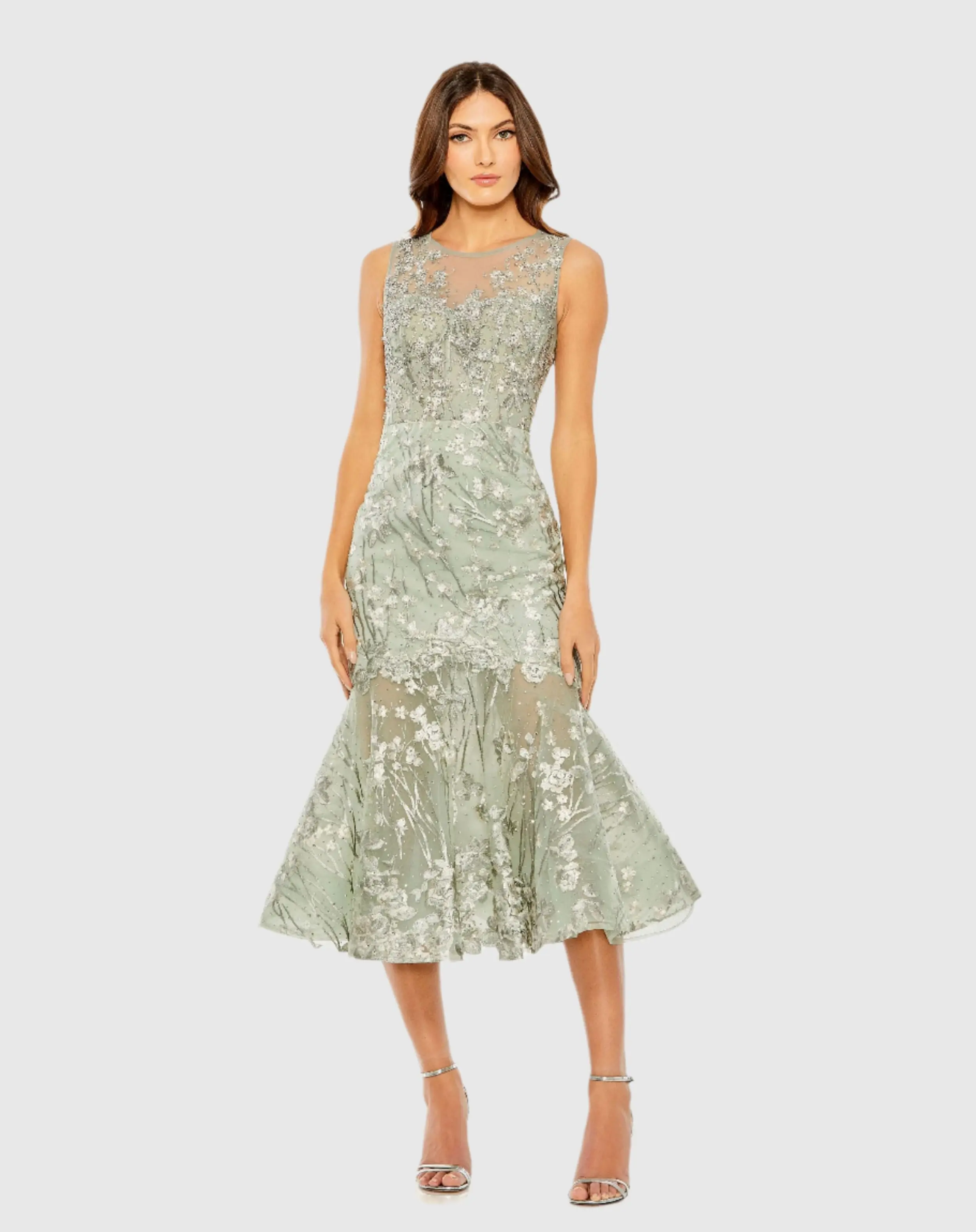 Green Sleeveless Embroidered Trumpet Midi Dress