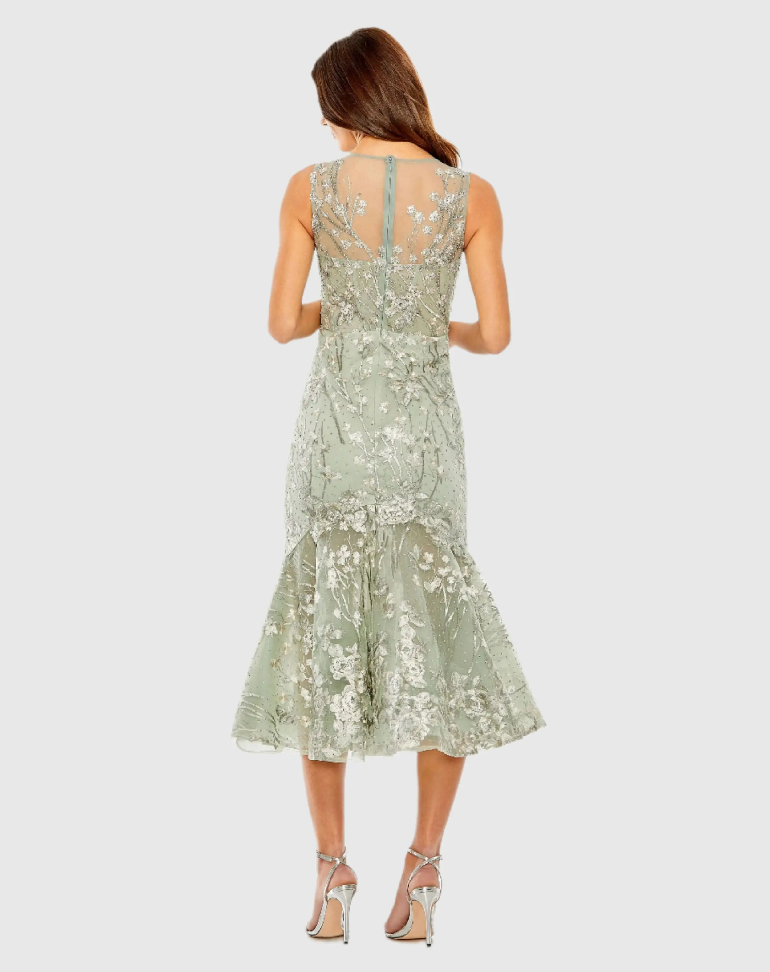 Green Sleeveless Embroidered Trumpet Midi Dress - Image 3