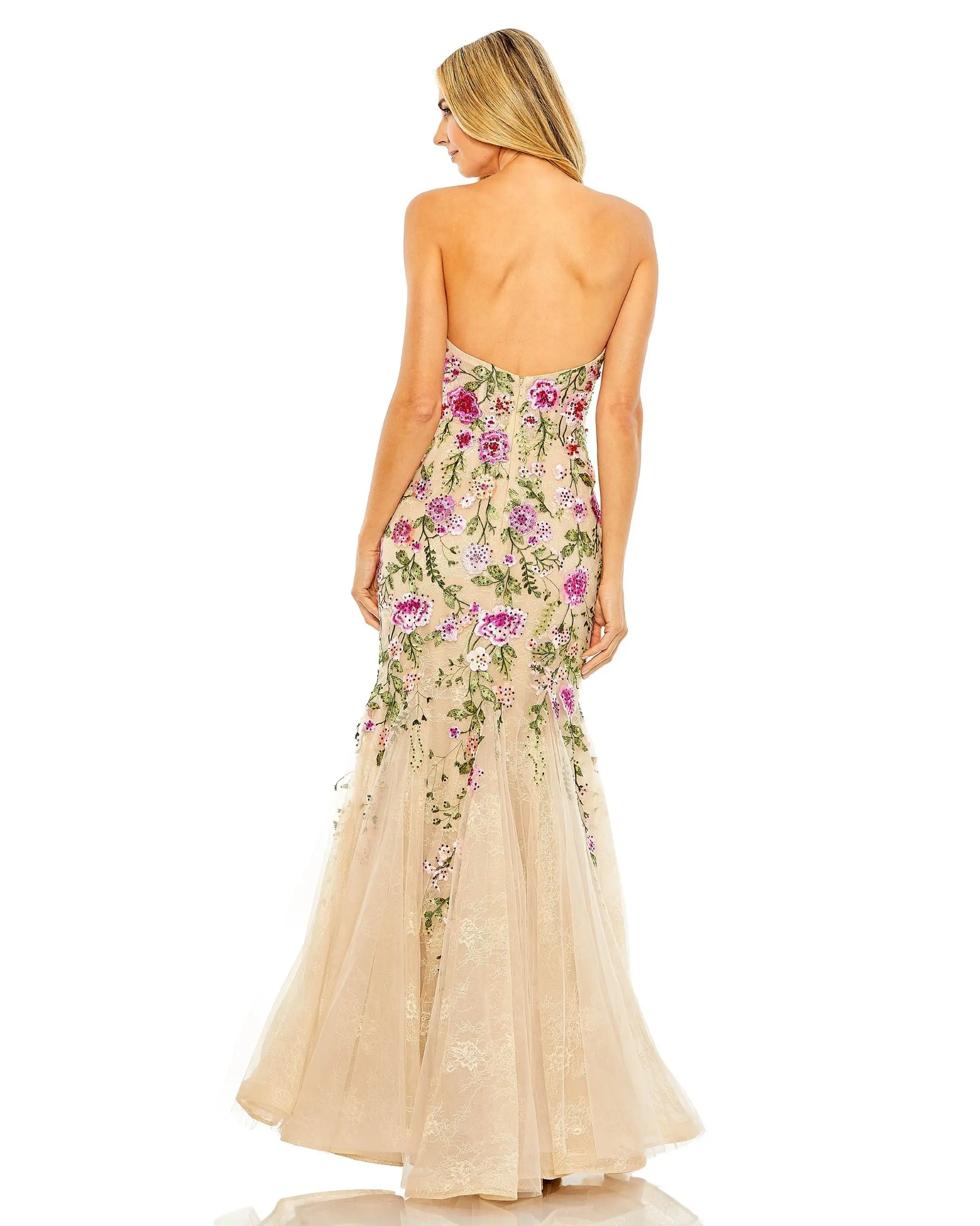 Beige Strapless Bustier Floral Embroidered Mermaid Gown - Image 3