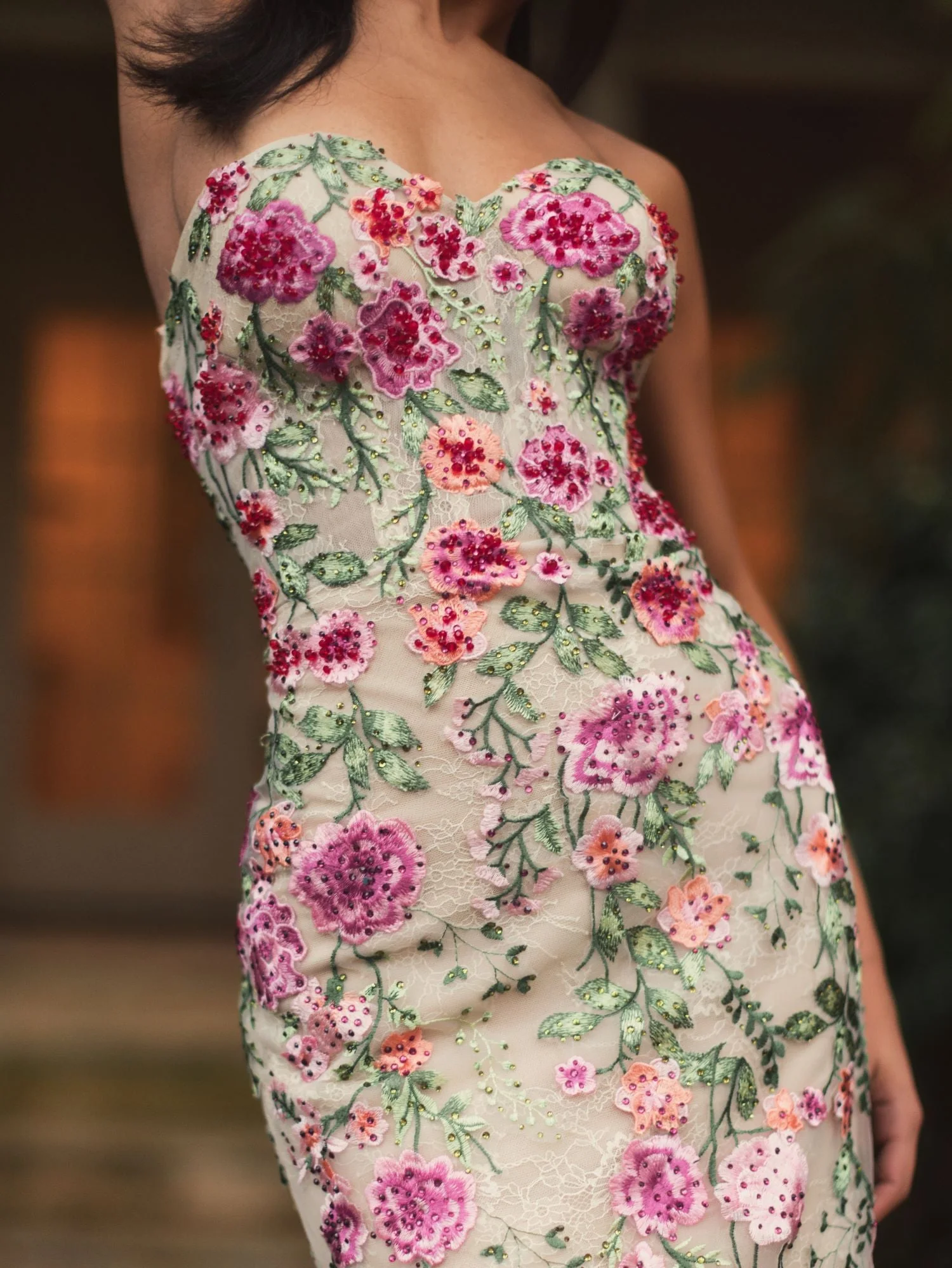 Beige Strapless Bustier Floral Embroidered Mermaid Gown - Image 6