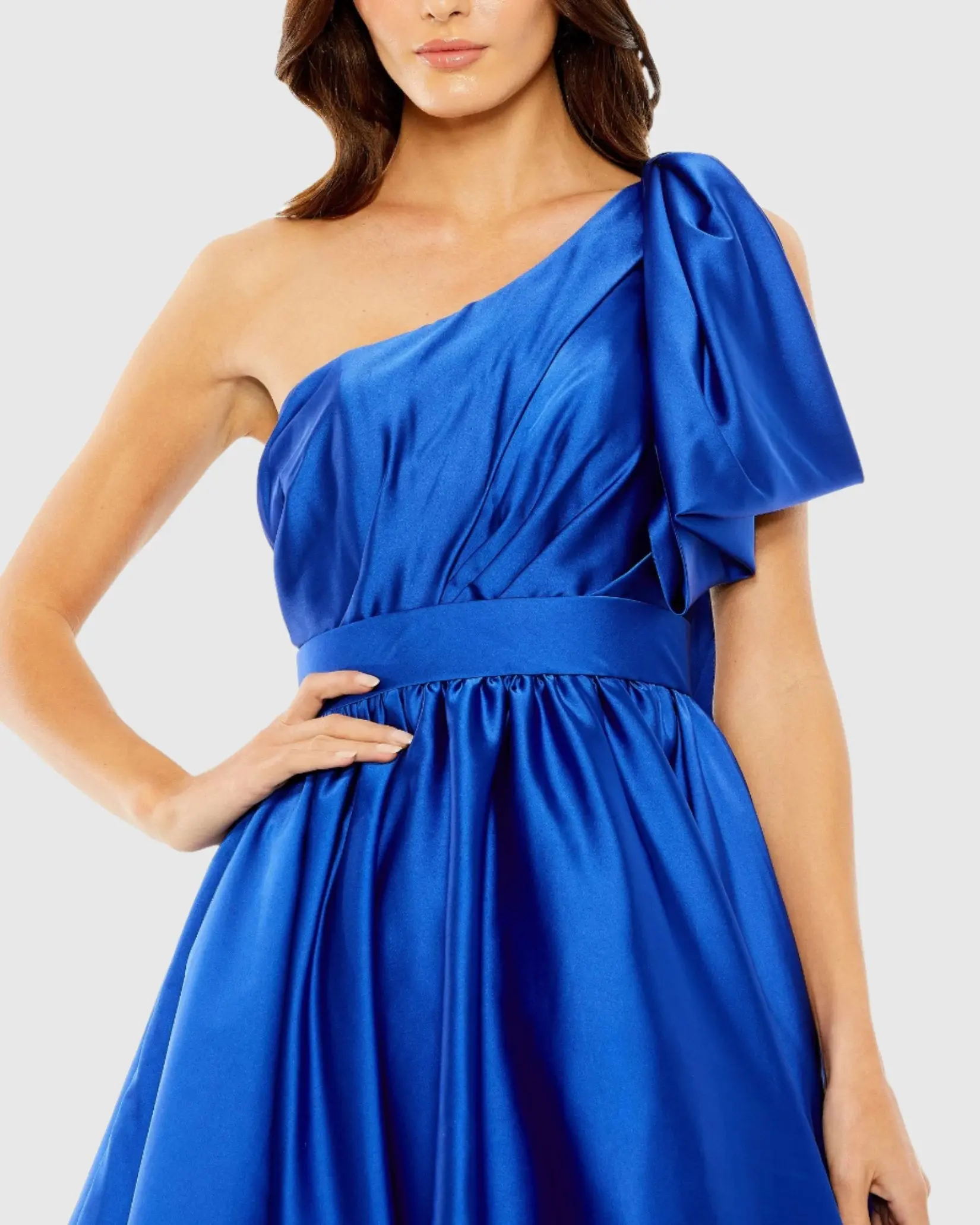 Blue One Shoulder Bow Satin Mini Dress - Image 2