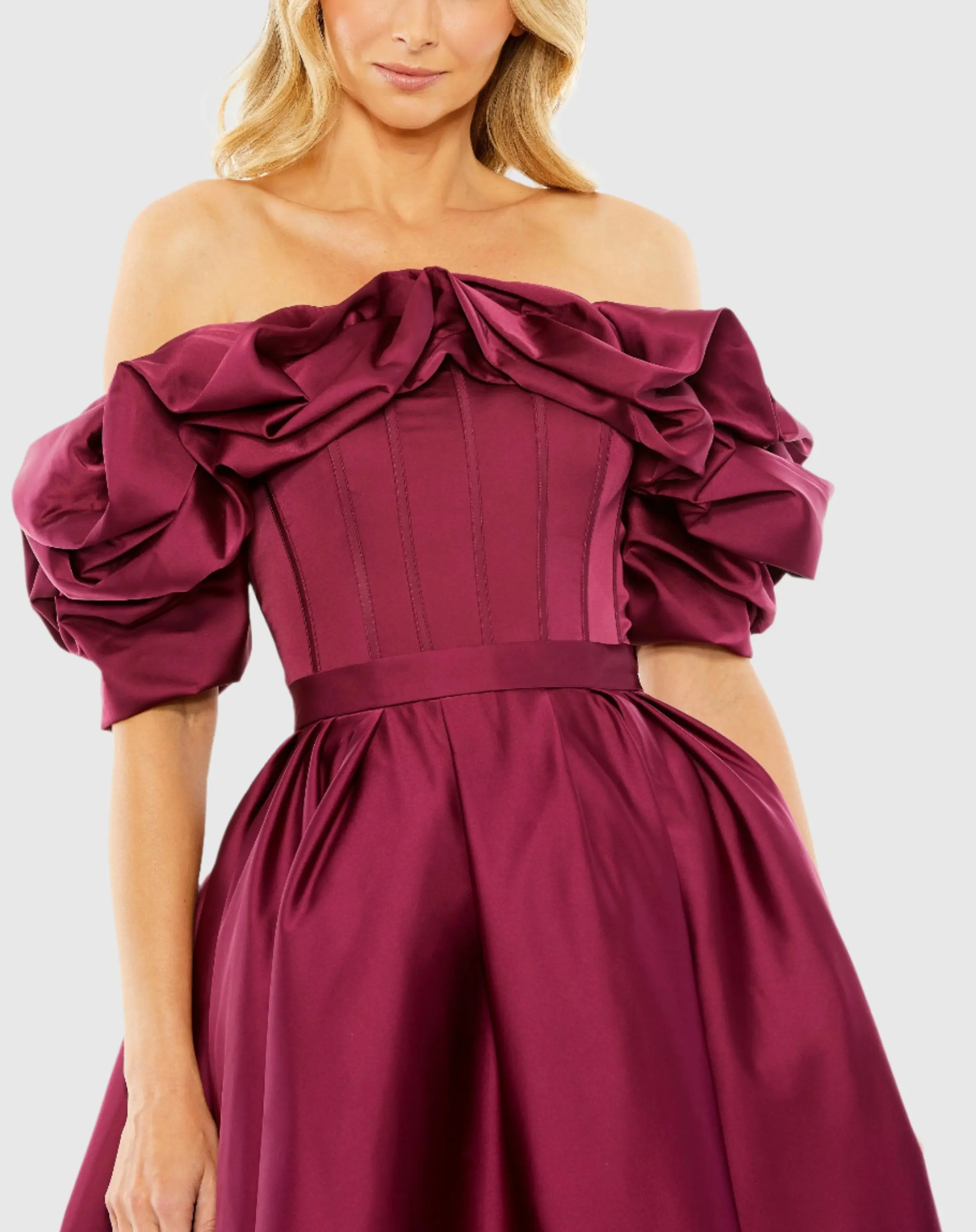 Plum Off The Shoulder Tea Length Dress - Image 2