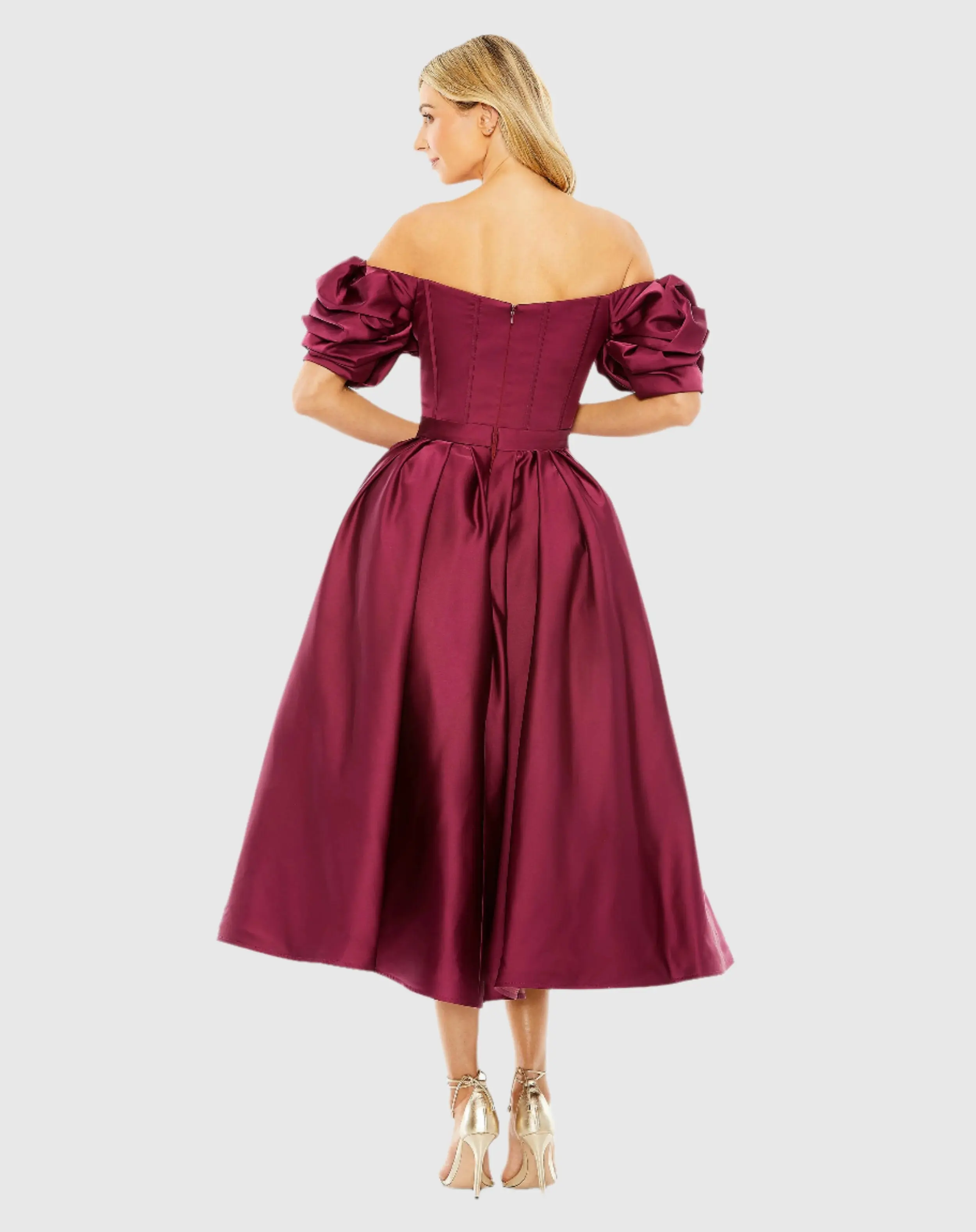 Plum Off The Shoulder Tea Length Dress - Image 3