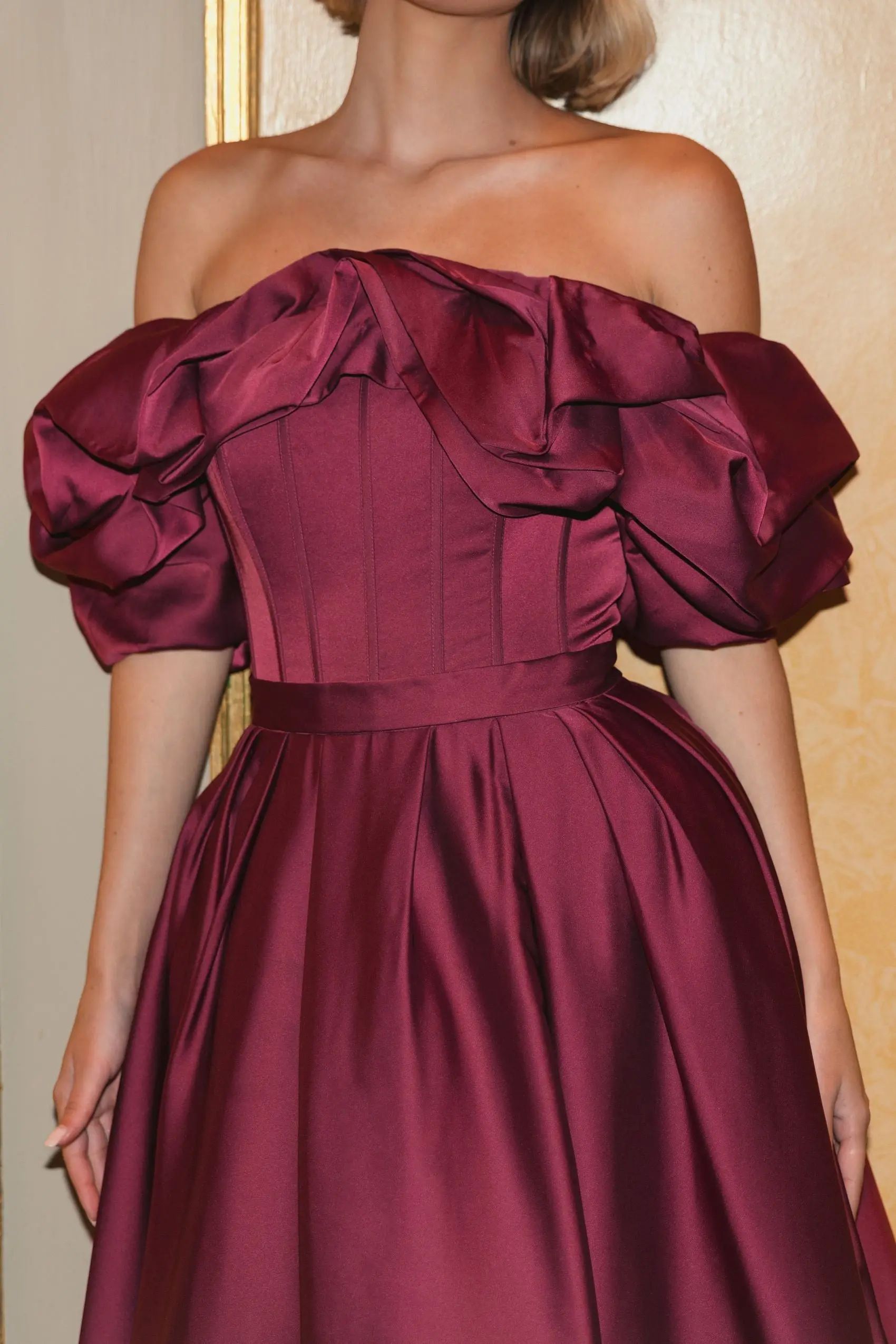 Plum Off The Shoulder Tea Length Dress - Image 5