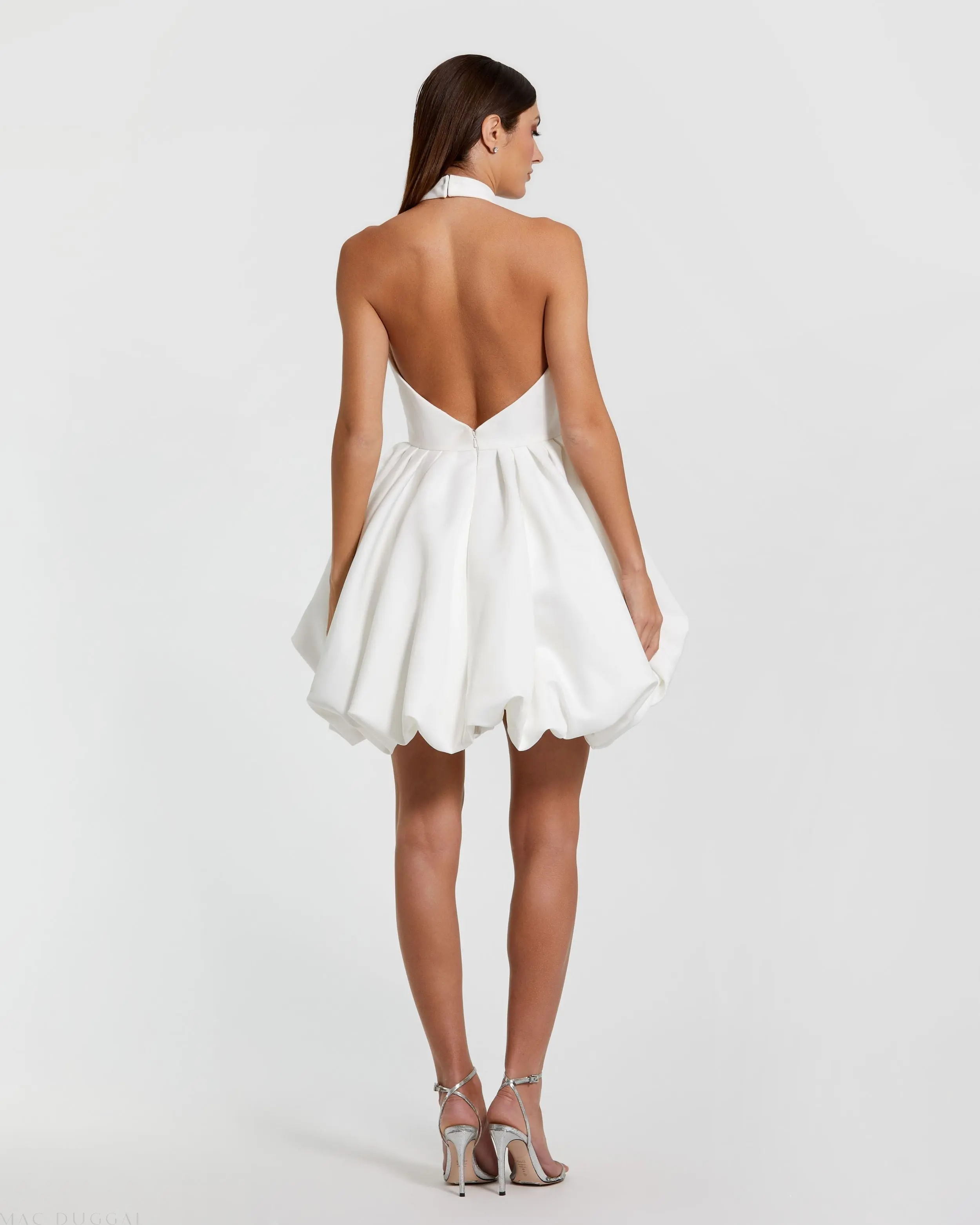 White Satin Bubble Hem Backless Mini Dress - Image 2